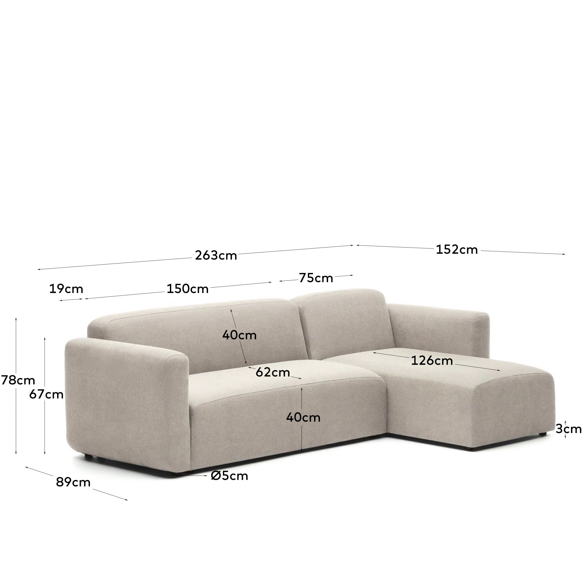 Entdecken Sie das Neom 3-Sitzer-Sofa mit Chaiselongue von Kave Home. Flexibel, elegant und umweltfreundlich – ideal für Ihr modernes Wohnzimmer.