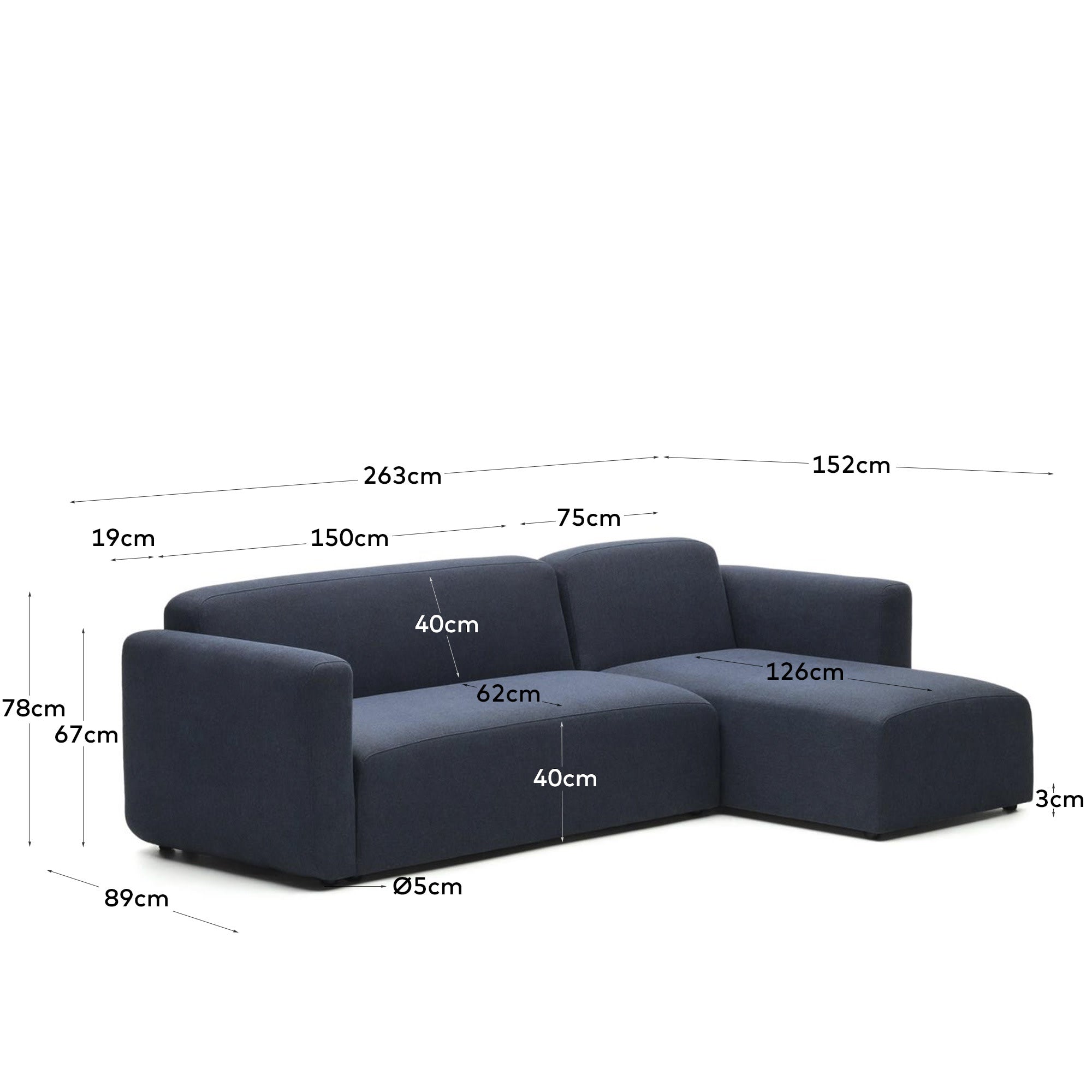 Erlebe das Neom 3-Sitzer-Sofa mit Chaiselongue in elegantem Blau. Modular, komfortabel und nachhaltig – perfekt für dein modernes Wohnambiente!