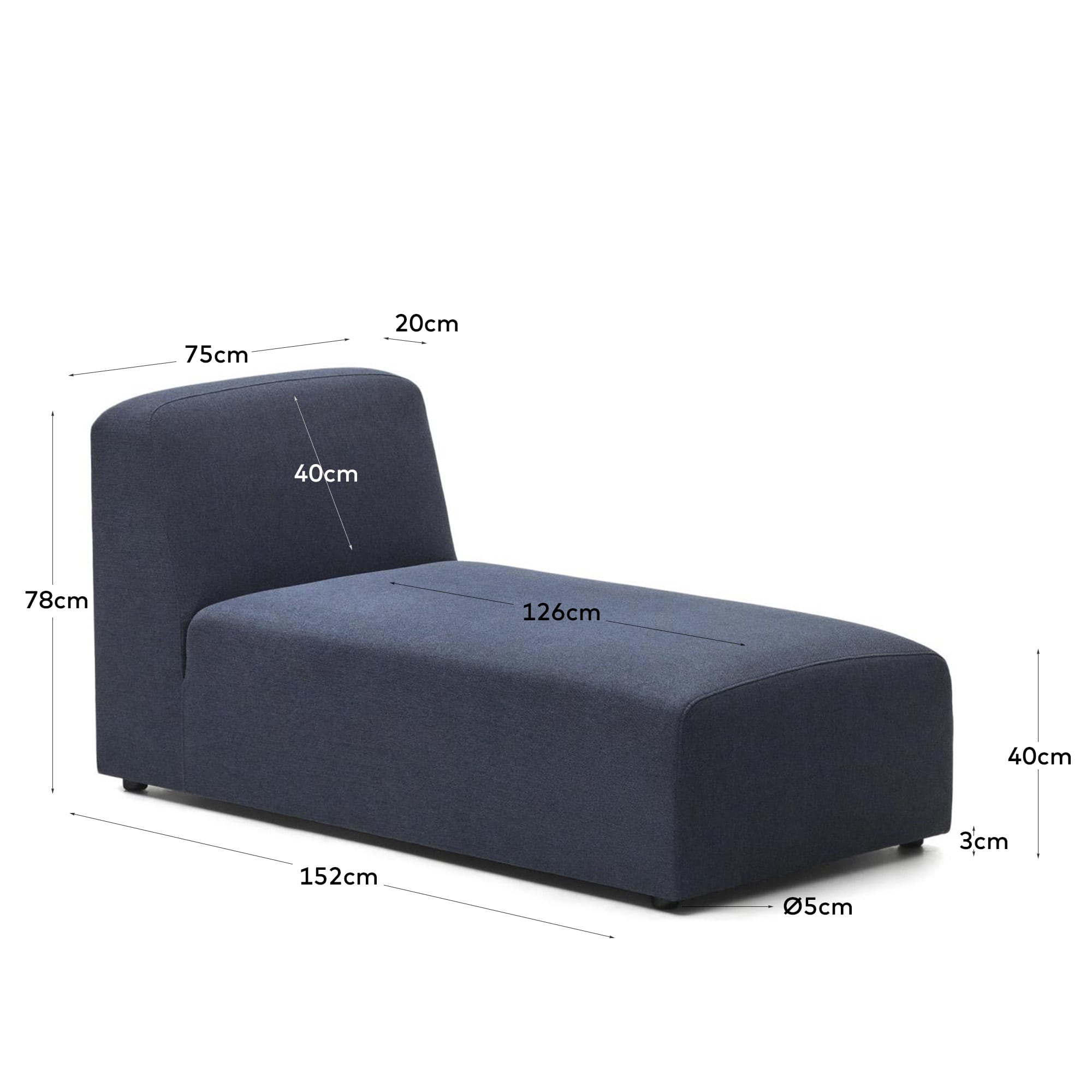 Entdecken Sie die Neom Chaiselongue in Blau (152x75 cm) von Kave Home – ein elegantes, modulares Möbelstück, das Komfort und Nachhaltigkeit vereint.