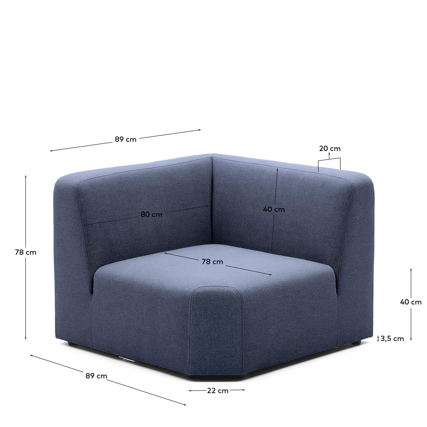 Entdecken Sie das Neom Eckmodul in Blau (75 cm) von Kave Home – ein stilvolles, nachhaltiges Möbelstück für Ihr Traumsofa.