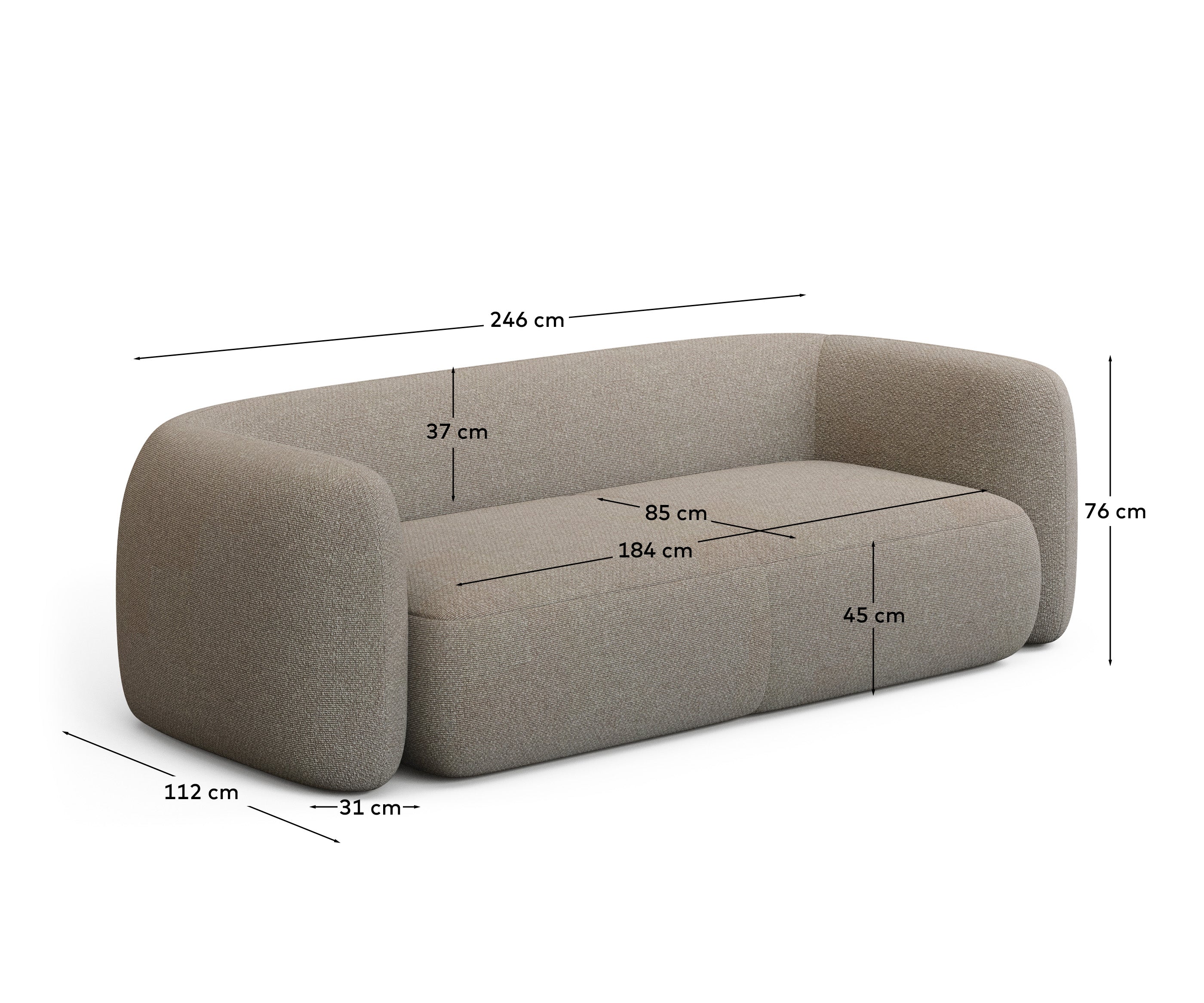 Stilvolles 3-Sitzer-Sofa Martina in sanften Steintönen, 246 cm, mit weicher Lammfelloptik für ein gemütliches Ambiente.