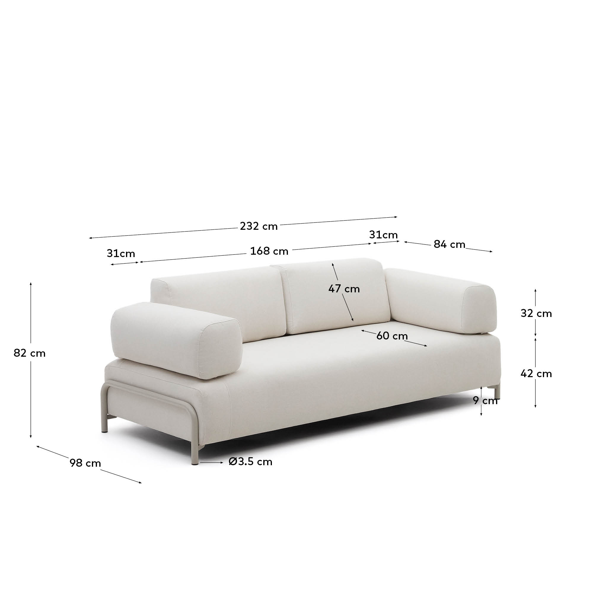 Elegantes 3-Sitzer-Sofa in Beige von Kave Home, 232 cm, mit langlebigem Stoffbezug und modernem Metallgestell – perfekt für stilvolle Wohnräume.