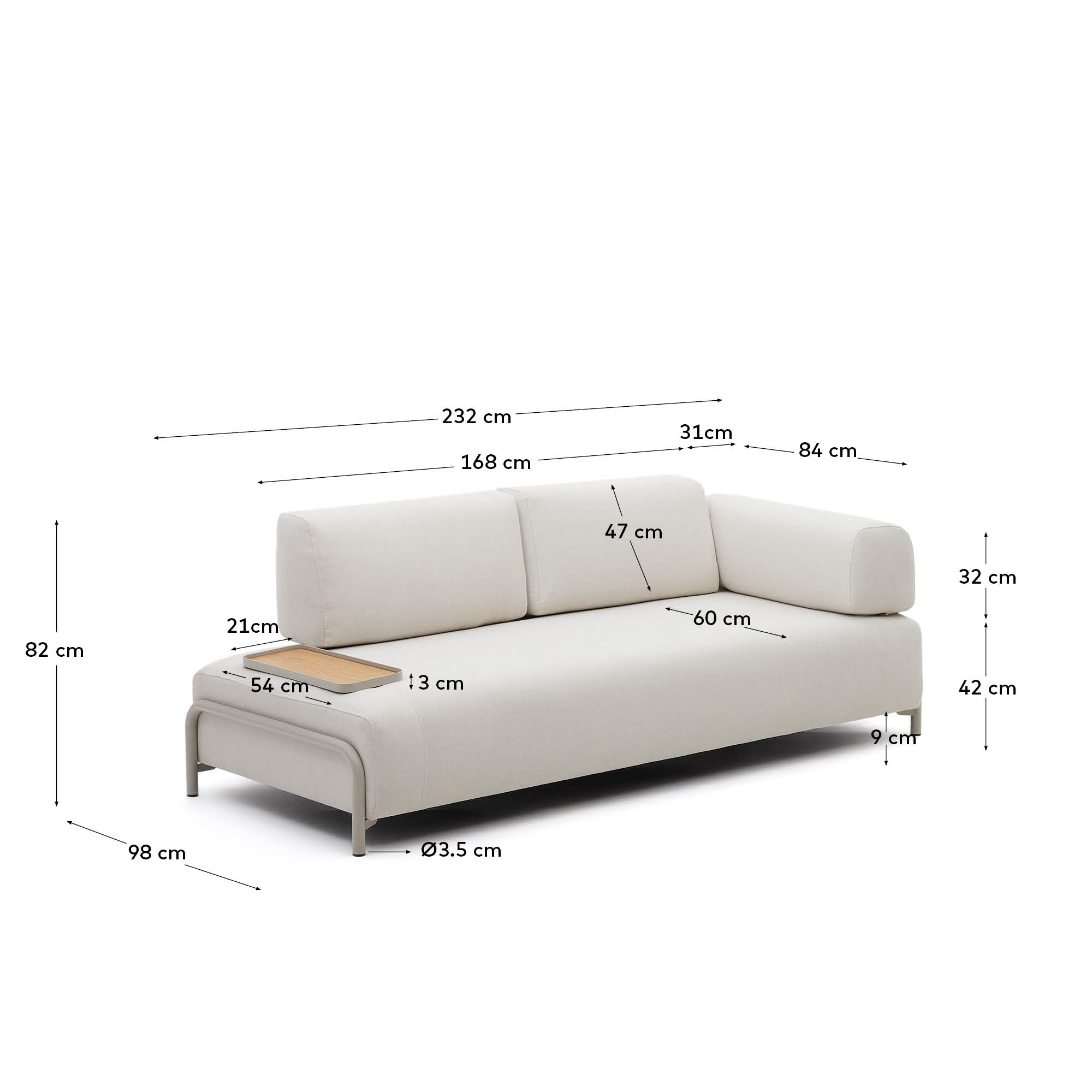 Erleben Sie das elegante Compo 3-Sitzer-Sofa in Beige von Kave Home: 232 cm, langlebiger Stoffbezug, praktisches Eichenfurnier-Tablett und robustes Metallgestell.