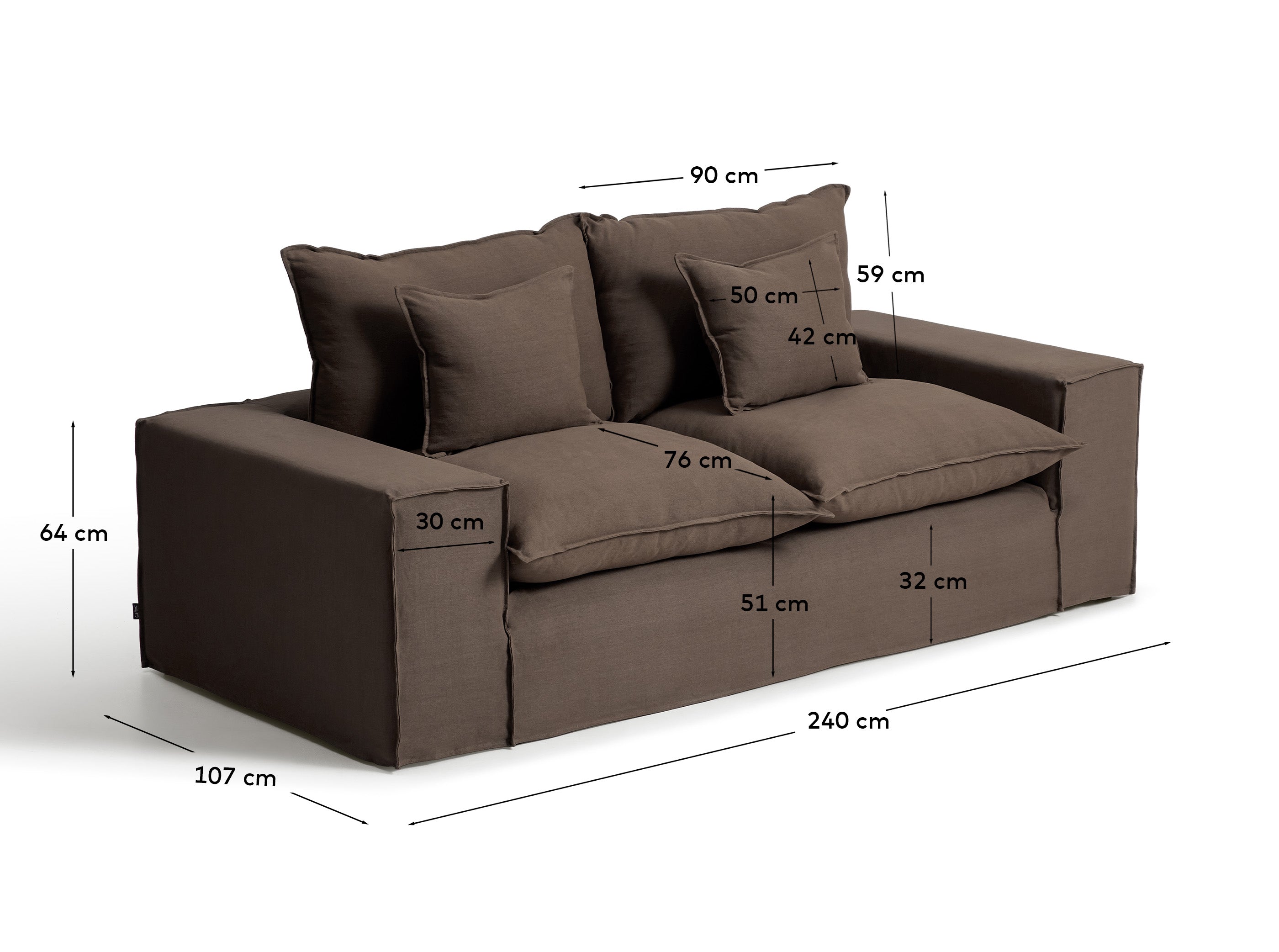 Stylisches 2-Sitzer-Sofa Anarela in sanftem Taupe, ausgestattet mit einem abnehmbaren Leinenbezug, perfekt für moderne Wohnkonzepte, 240 cm.