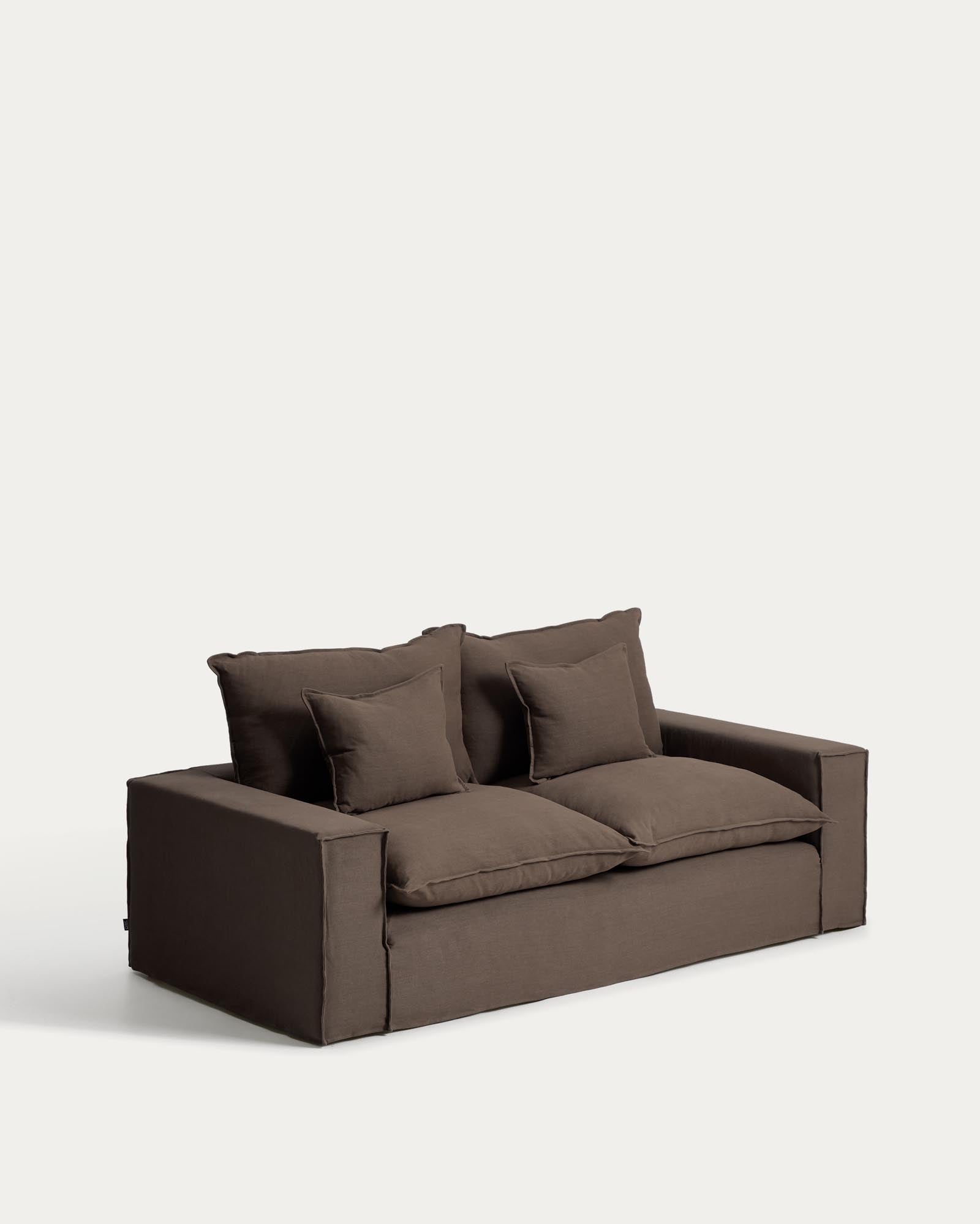 Elegantes 2-Sitzer-Sofa Anarela in taupe, 220 cm, mit abnehmbarem Leinenbezug, ideal für stilvolle Wohnräume und nachhaltigen Komfort.