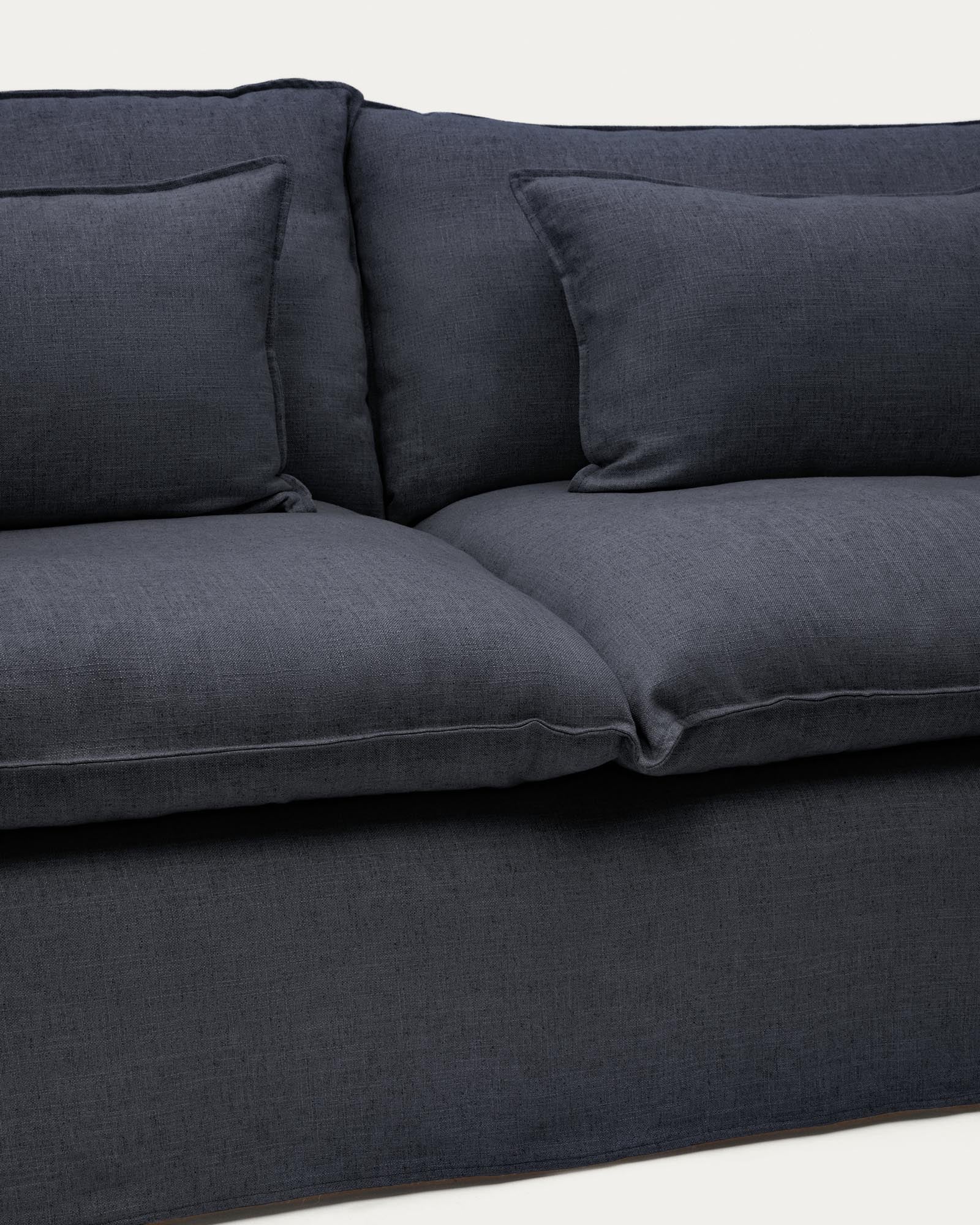 Modernes 2-Sitzer-Sofa Anarela in edlem Dunkelgrau, aus hochwertigem Leinen und Viskose, mit praktischem abnehmbaren Bezug für unkomplizierte Reinigung.