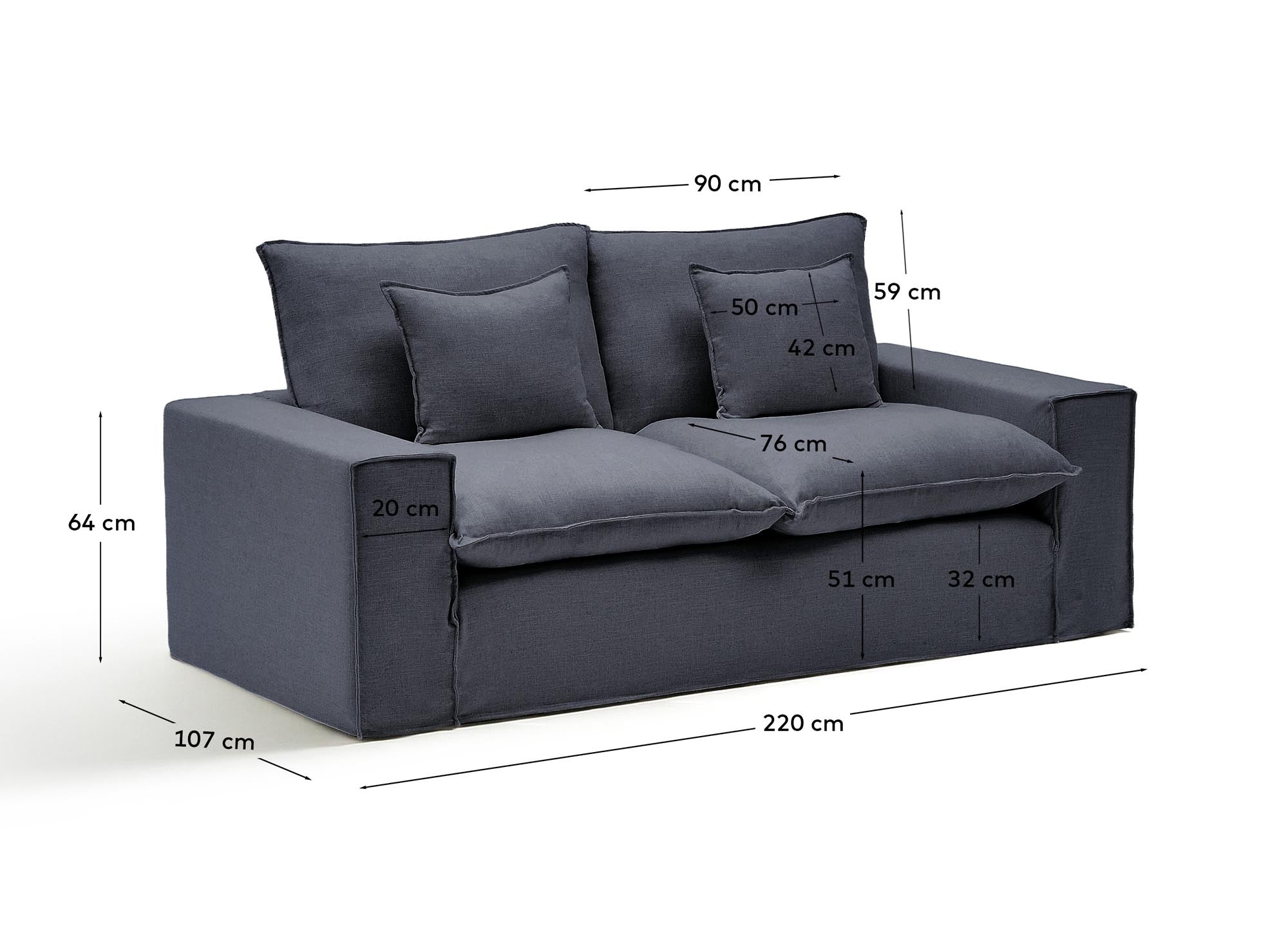 Elegantes 2-Sitzer-Sofa Anarela in Dunkelgrau, aus hochwertigem Leinen und Viskose, mit praktischem abnehmbarem Bezug für unkomplizierte Reinigung.