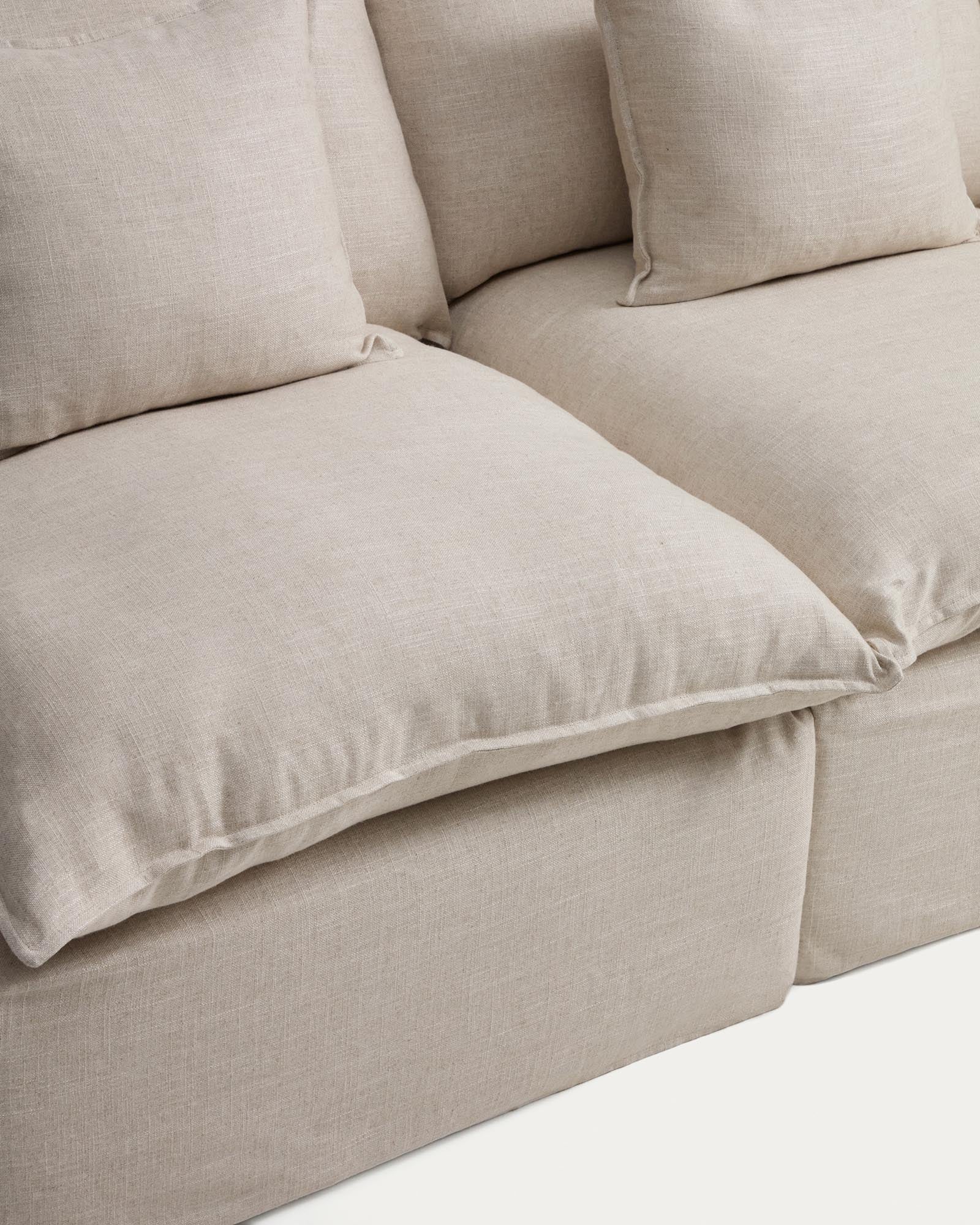 Beige 2-Sitzer-Modularsofa Anarela aus Leinen und Viskose, 180 cm, mit abnehmbarem Bezug, stilvoll und nachhaltig, ideal für modernes Wohnen.