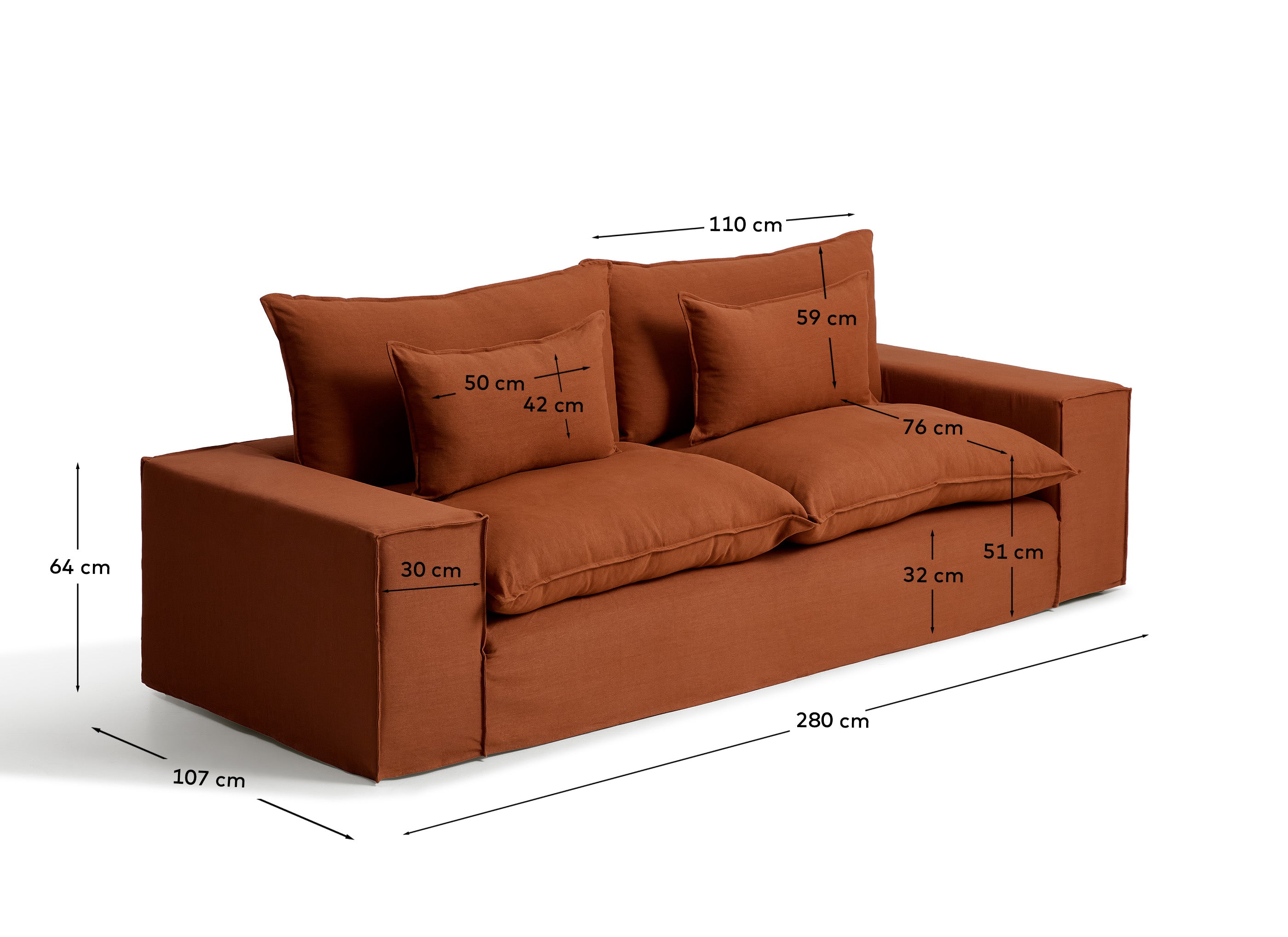 Stilvolles 3-Sitzer-Sofa Anarela in Terrakotta, 280 cm, mit abnehmbarem Leinenbezug und umweltfreundlichem FSC Mix Credit für modernes Wohnen.