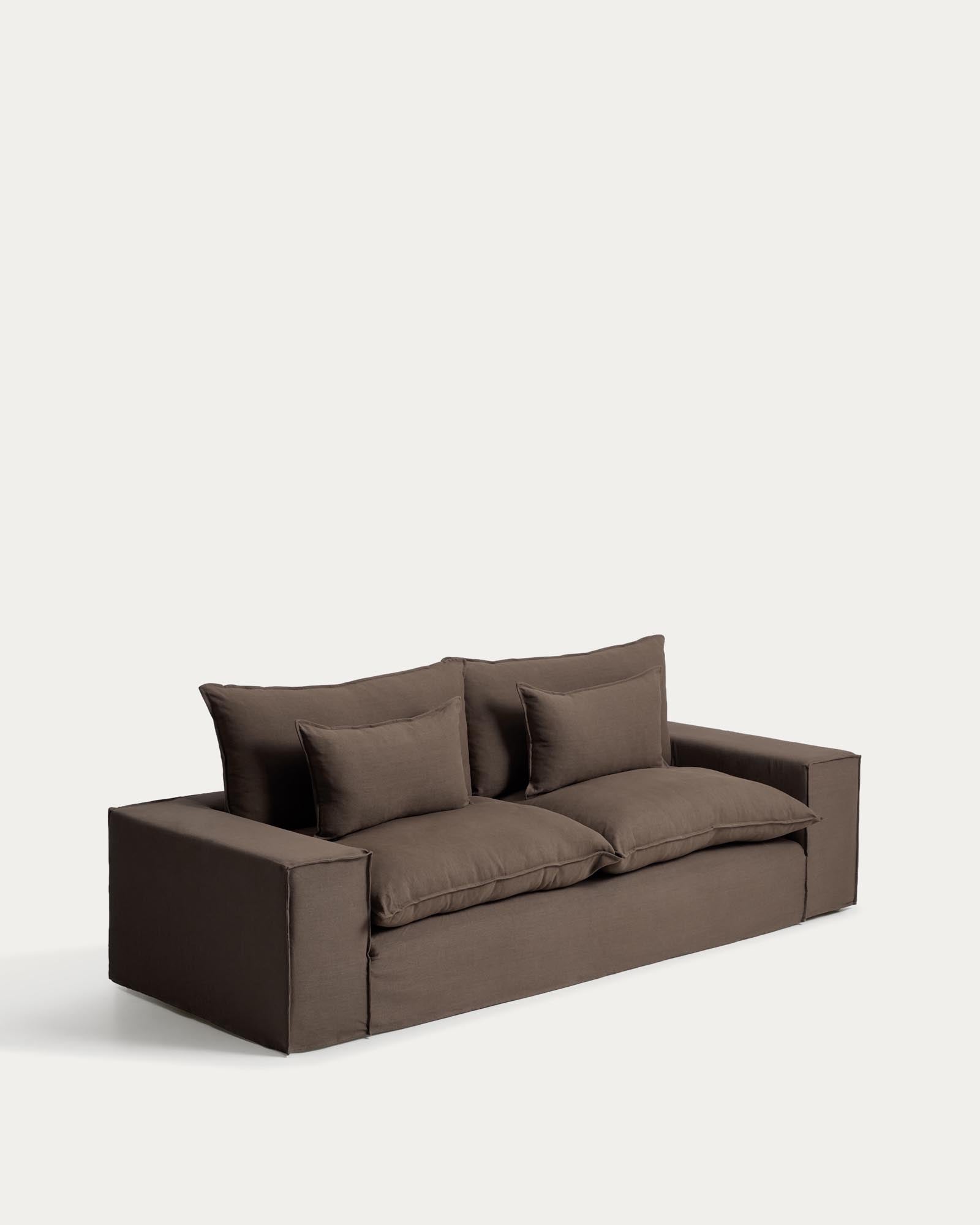 Elegantes 3-Sitzer-Sofa Anarela in taupe, 280 cm, aus strapazierfähigem Leinen mit abnehmbarem Bezug, ideal für stilvolle Wohnräume.