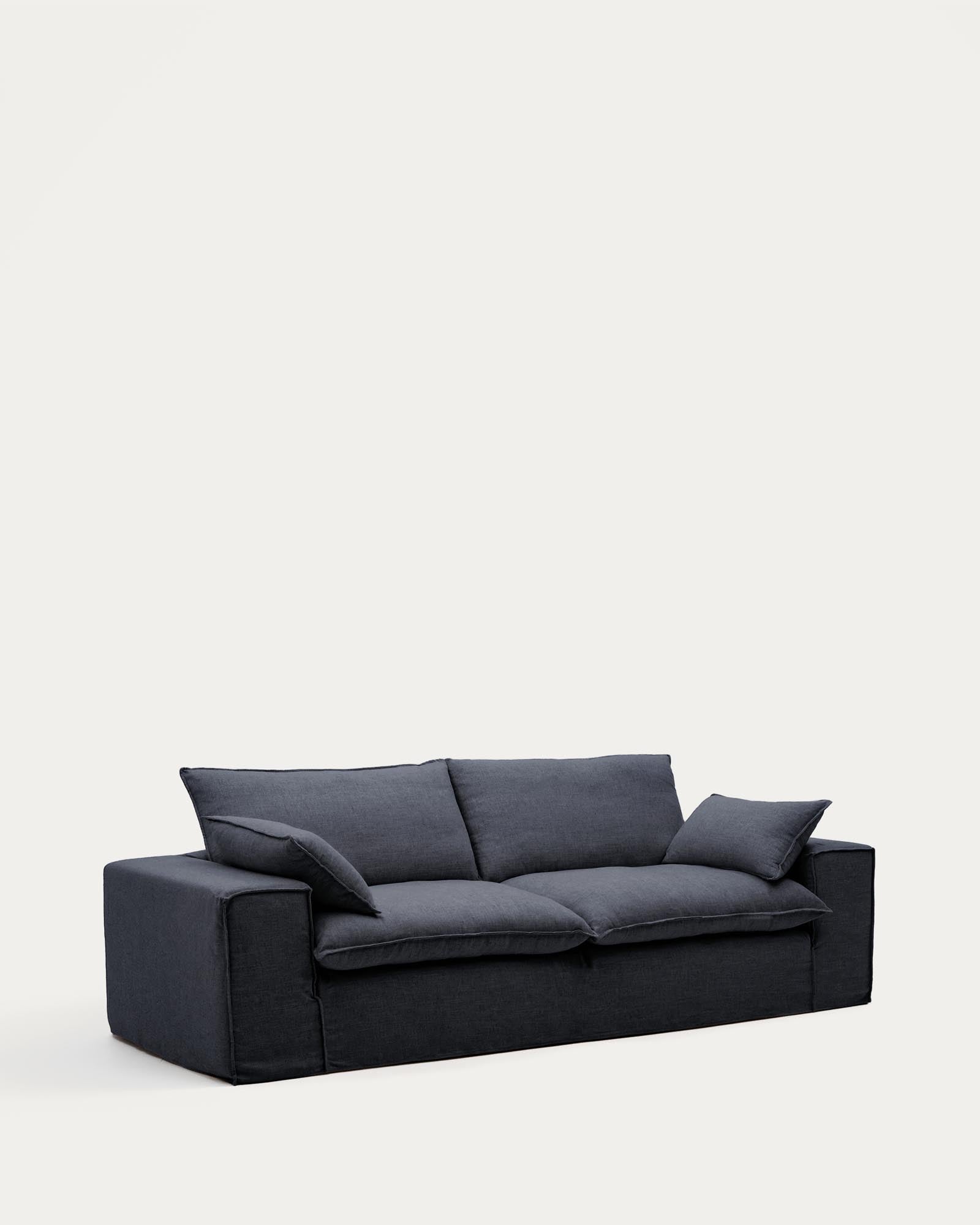 Elegantes 3-Sitzer-Sofa Anarela in Dunkelgrau, gefertigt aus Leinen und Viskose, mit abnehmbarem Bezug für einfache Pflege und modernen Komfort.