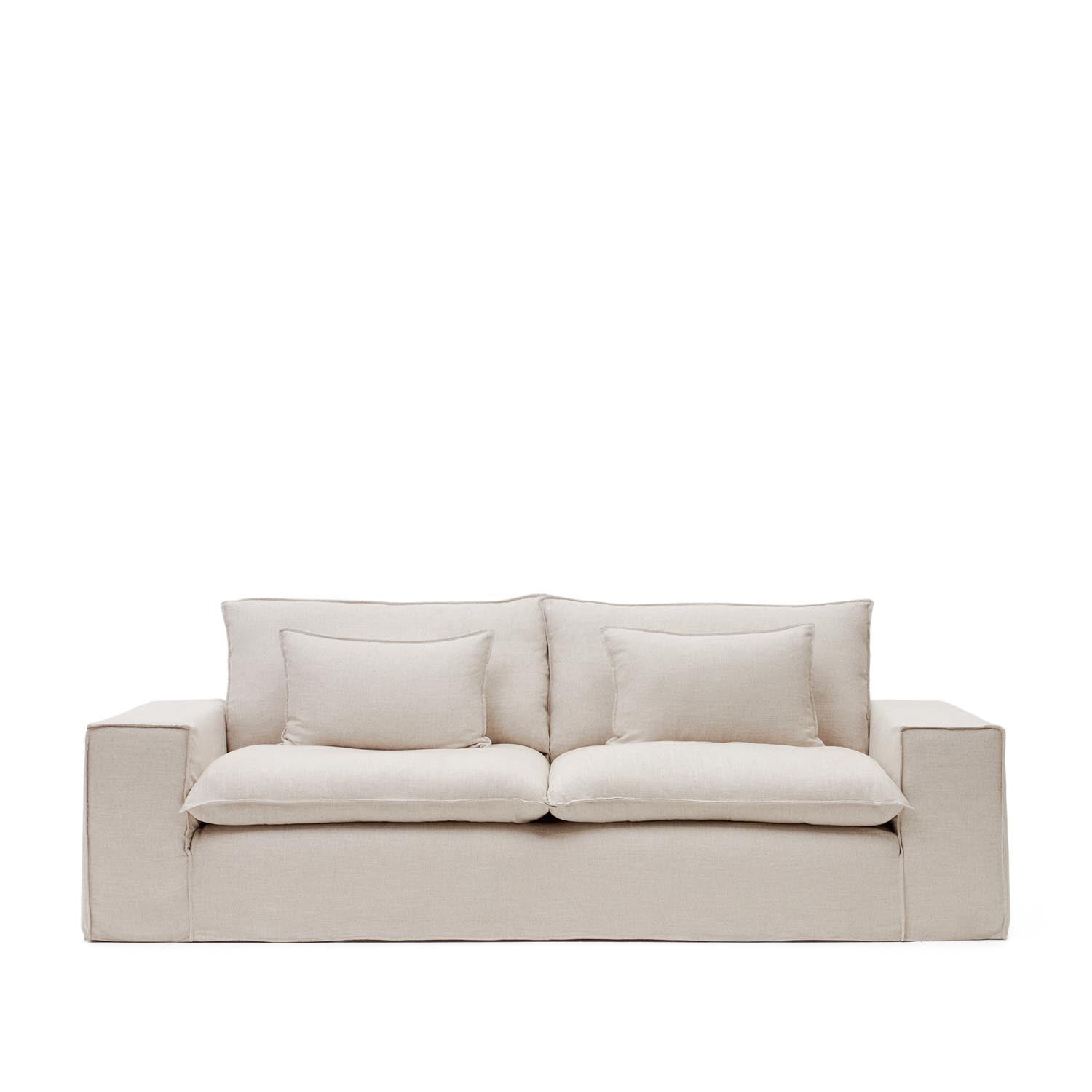 Elegantes Anarela 3-Sitzer-Sofa in Beige, 280 cm, mit abnehmbarem Leinenbezug, bietet Komfort und zeitlose Ästhetik.