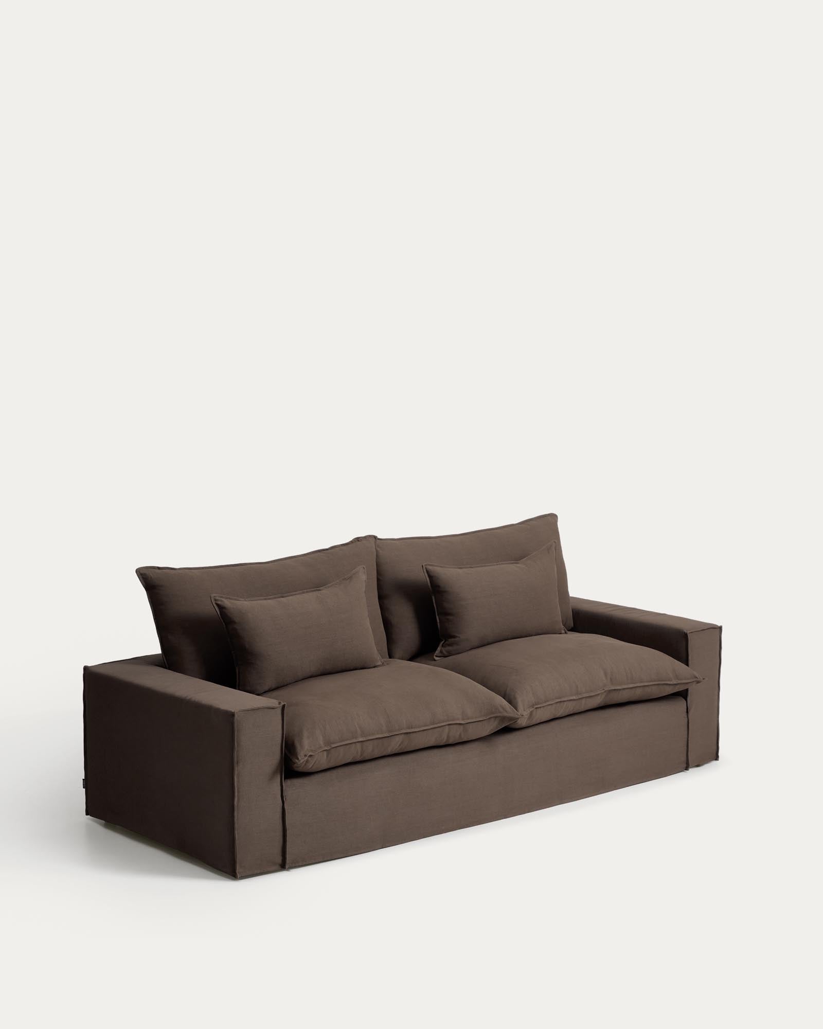 Elegantes 3-Sitzer-Sofa Anarela in taupe, 260 cm, aus Leinen mit abnehmbarem Bezug, ideal für stilvolle Wohnräume.