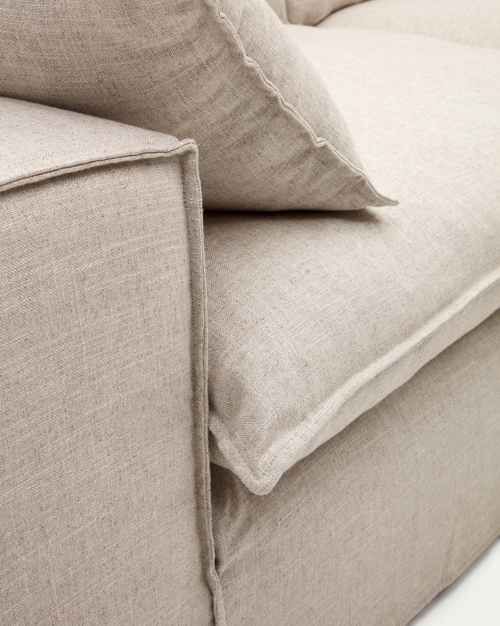 Elegantes 3-Sitzer-Sofa Anarela in Beige, 260 cm, aus Leinen und Viskose, mit abnehmbarem Bezug für modernen Wohnkomfort.