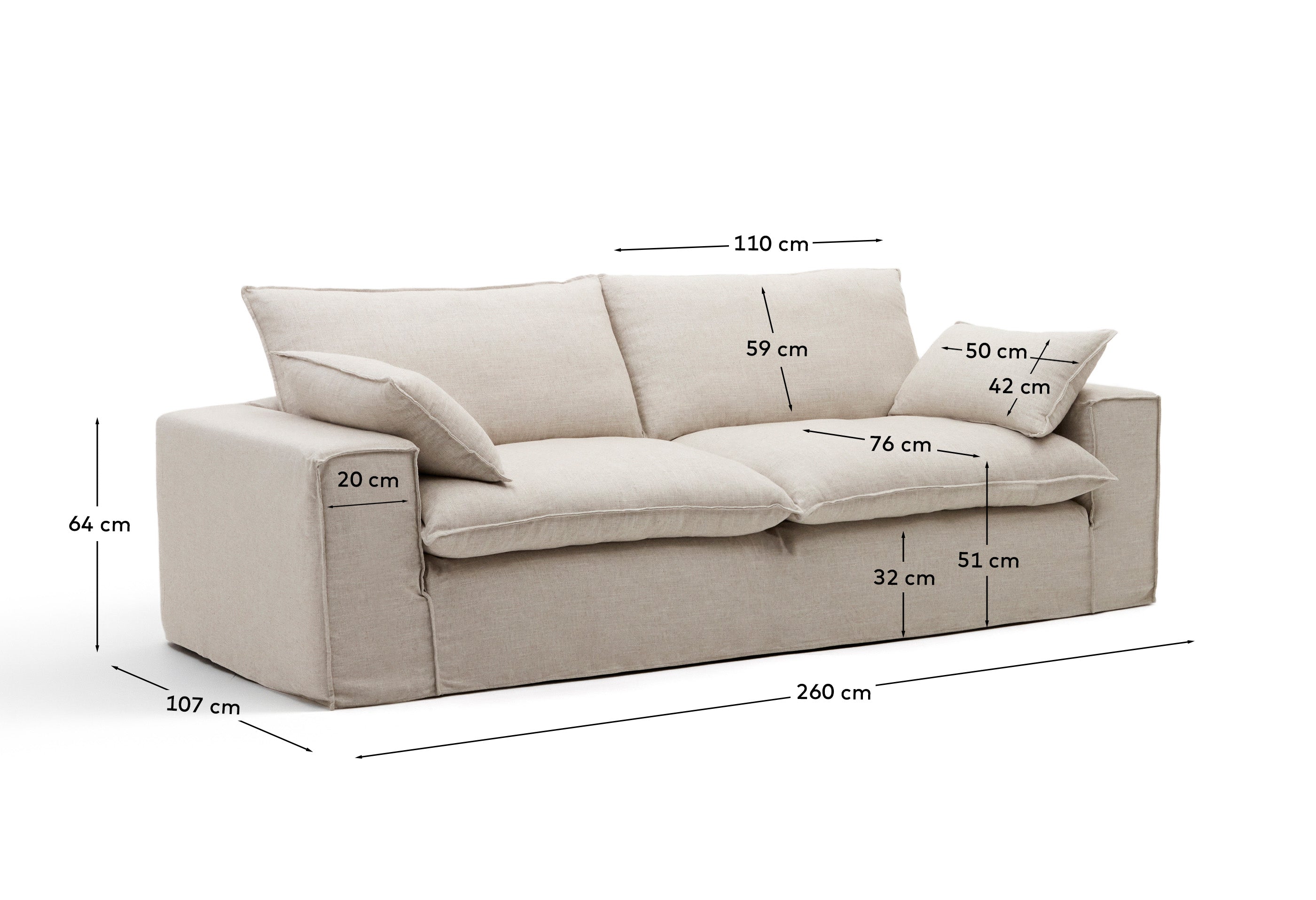 Elegantes 3-Sitzer-Sofa Anarela in sanftem Beige, 260 cm, aus hochwertigem Leinen und Viskose, ideal für moderne Wohnkonzepte.