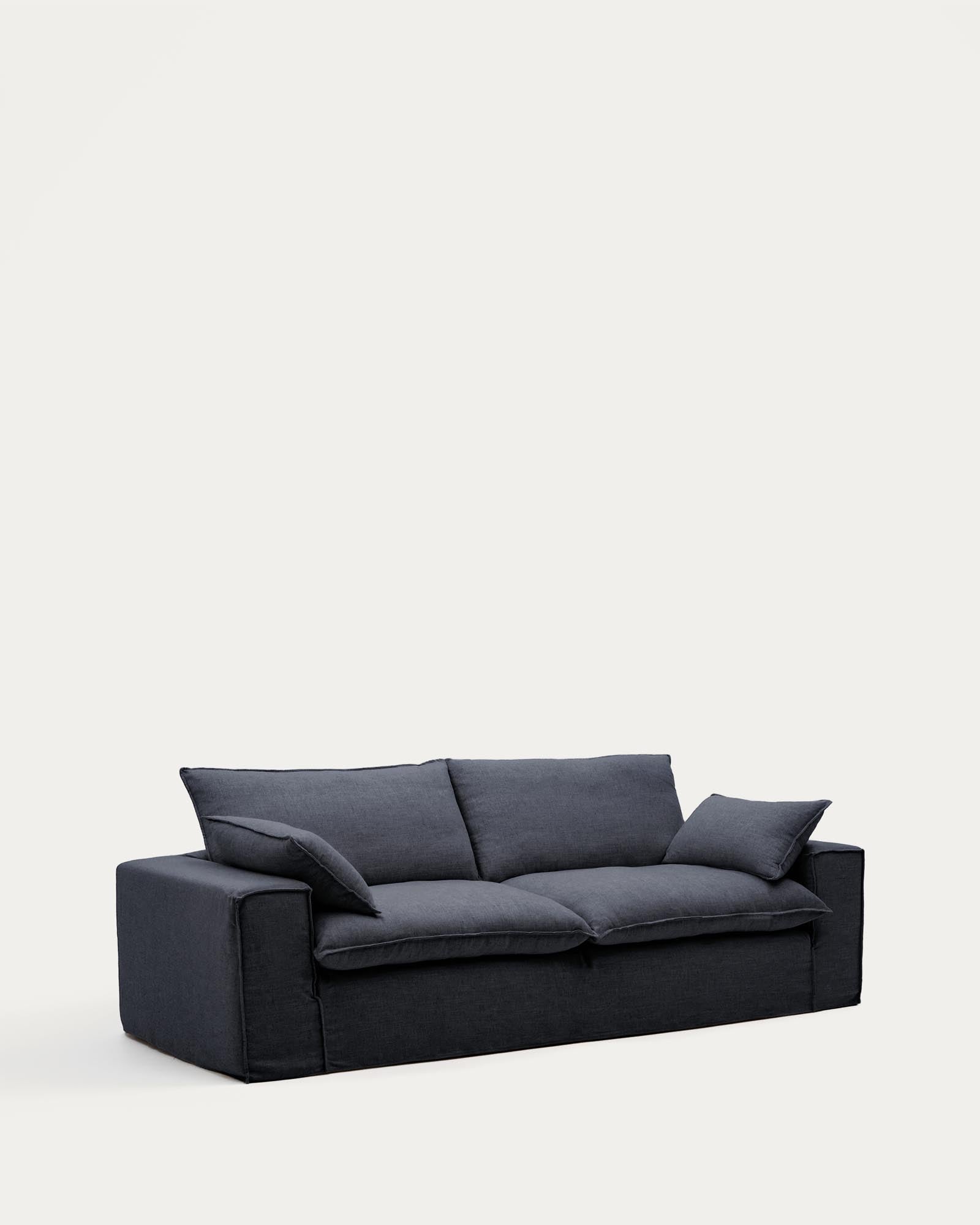 Elegantes 3-Sitzer-Sofa Anarela in dunklem Grau, gefertigt aus Leinen und Viskose, mit abnehmbarem Bezug für einfache Pflege und nachhaltiger FSC Mix Credit.