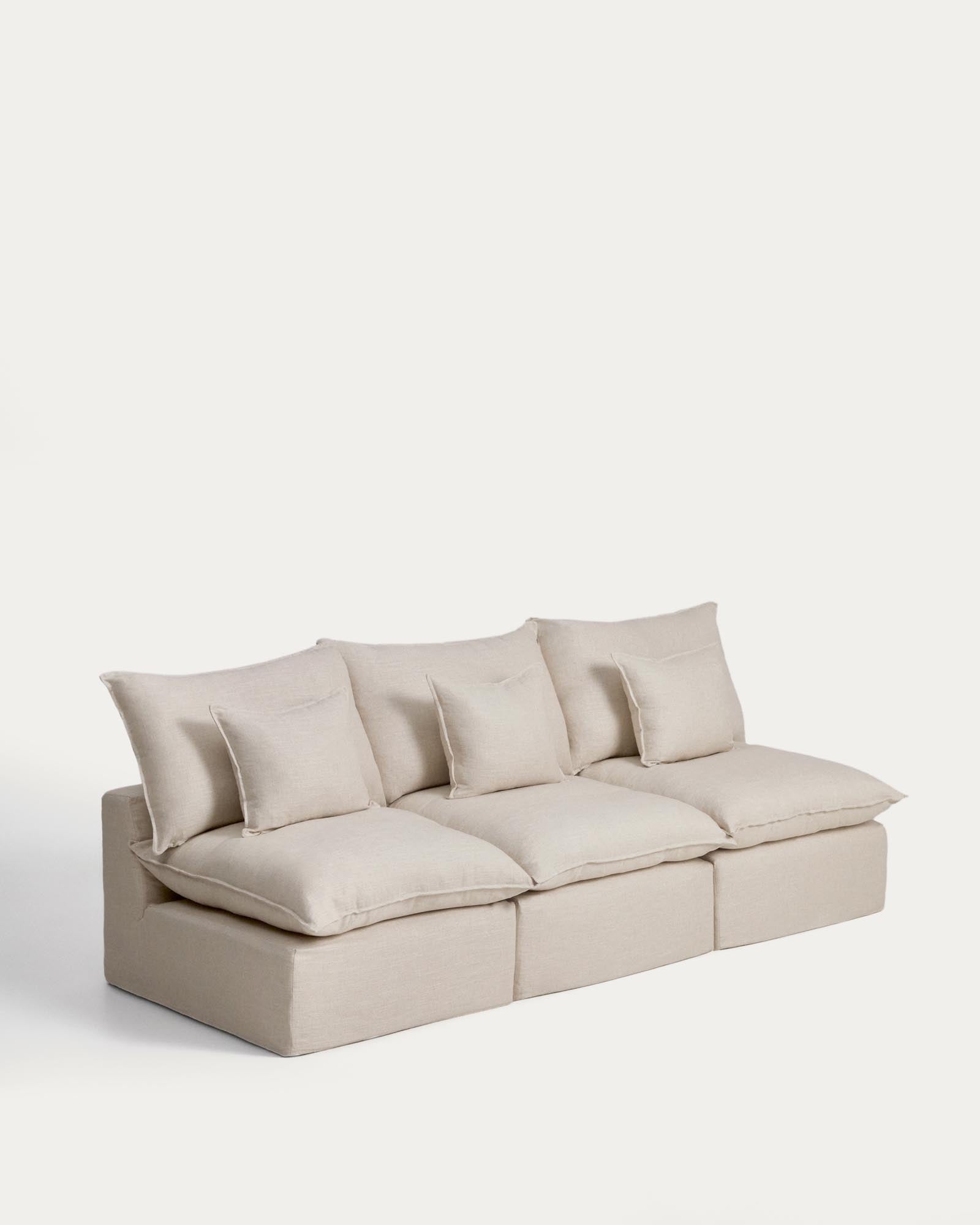 Beige 3-Sitzer-Modularsofa Anarela, 270 cm, aus Leinen und Viskose, stilvolles und funktionales Möbelstück mit abnehmbarem Bezug für unkomplizierte Reinigung.