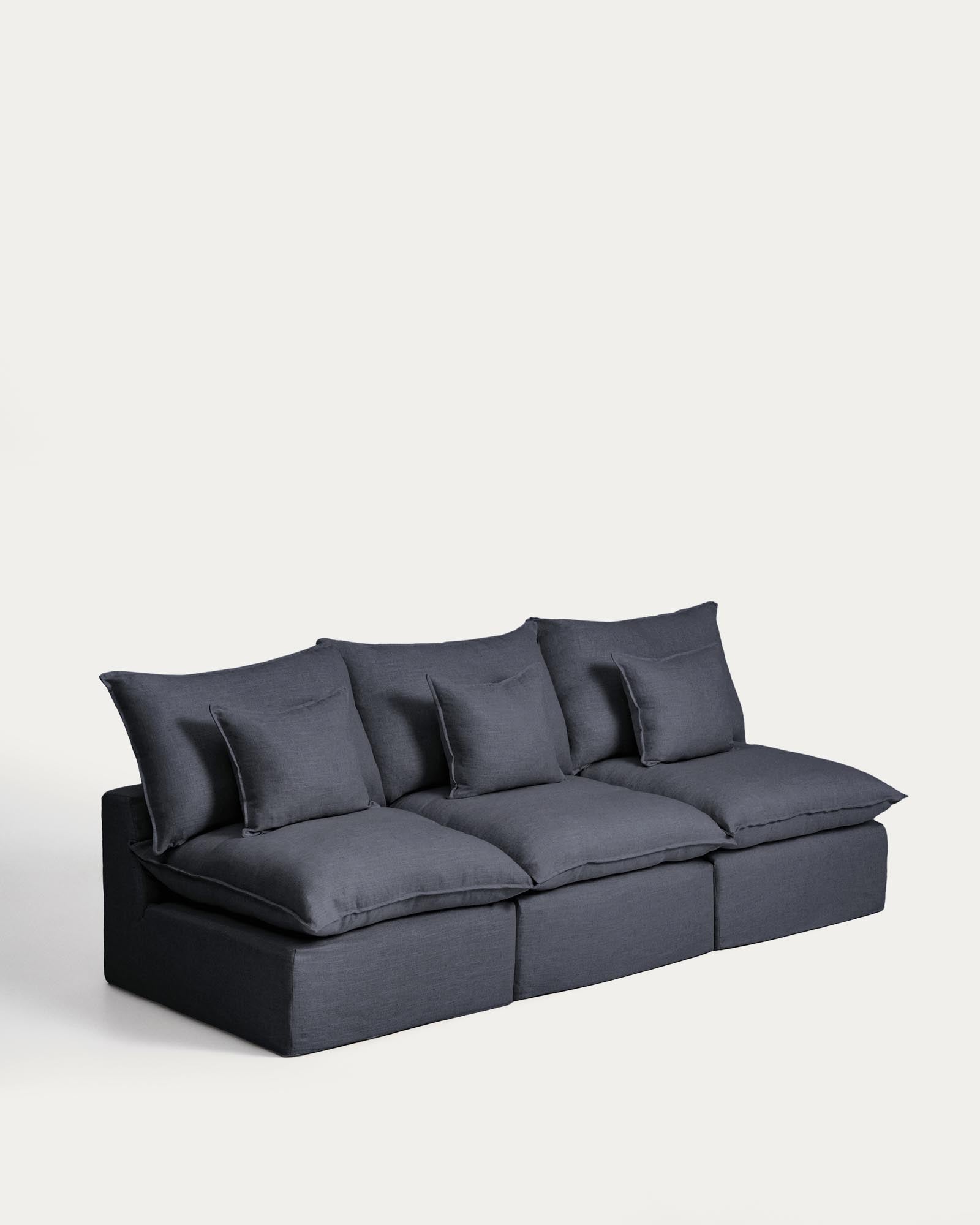Elegantes 3-Sitzer-Modularsofa Anarela in Dunkelgrau, aus hochwertigem Leinen und Viskose, mit praktischem abnehmbarem Bezug für flexibles Wohnen.