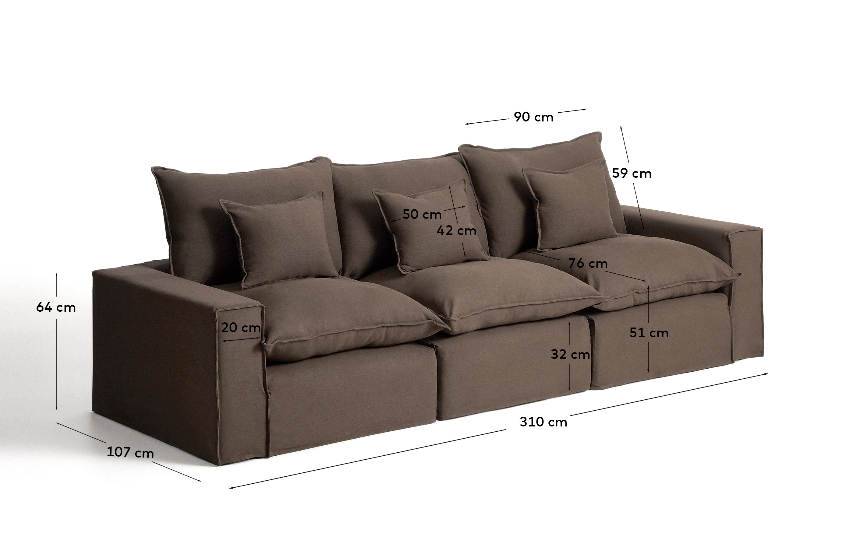 Elegantes 3-Sitzer-Modularsofa Anarela in sanftem Taupe, aus Leinen mit abnehmbarem Bezug, ideal für stilvolle Wohnräume.