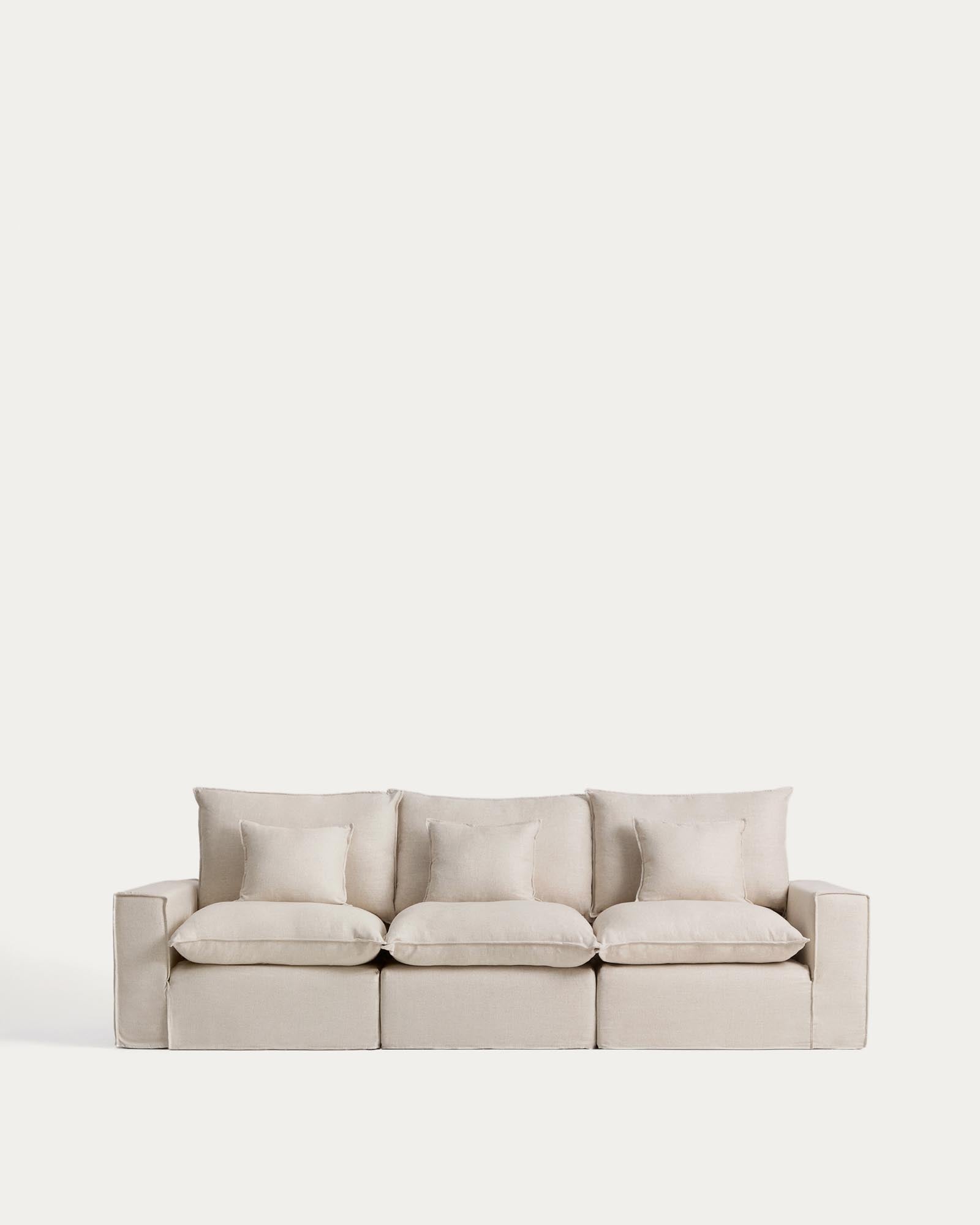 3-Sitzer-Modularsofa Anarela mit abnehmbarem Bezug aus Leinen und Viskose in Beige, 310 cm, FSC Mix Credit in Beige präsentiert im Onlineshop von KAQTU Design AG. 3er Sofa ist von Kave Home