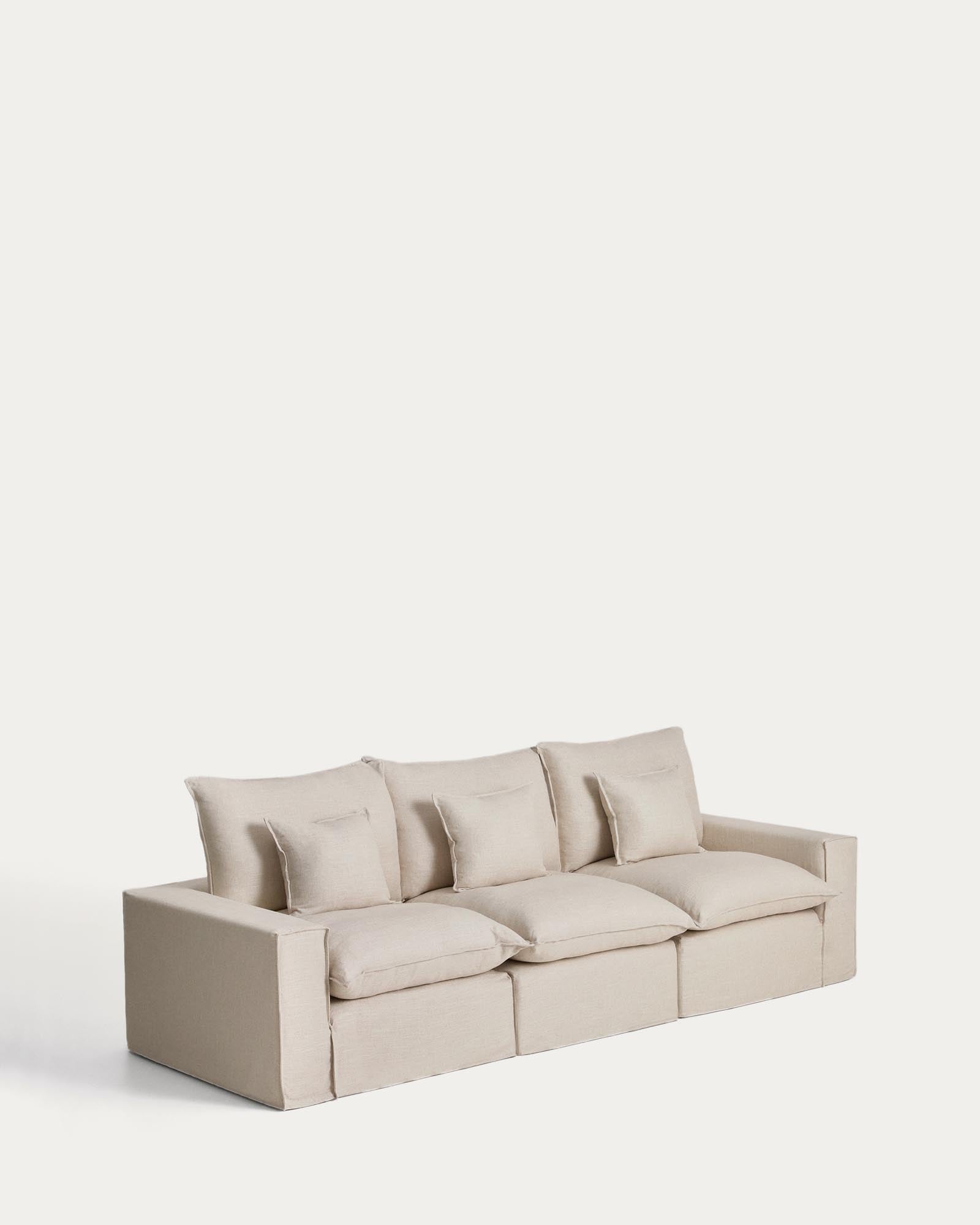 Elegantes 3-Sitzer-Modularsofa Anarela in Beige, 310 cm, mit pflegeleichtem, abnehmbarem Bezug aus Leinen und Viskose für zeitgemäße Einrichtung.