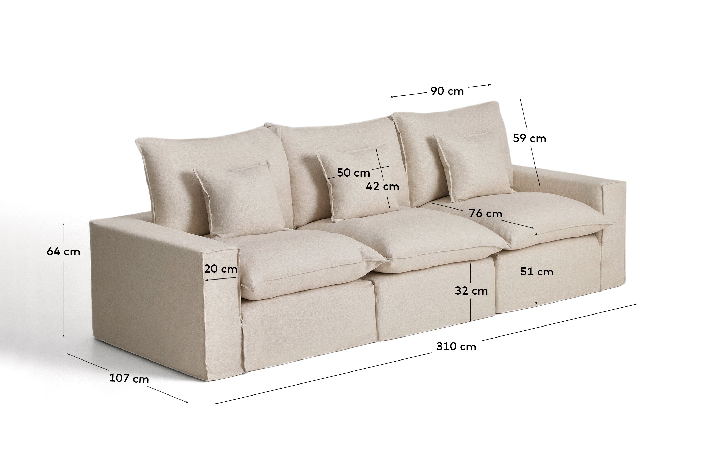 Beige 3-Sitzer-Modularsofa Anarela, 310 cm, mit abnehmbarem Bezug aus Leinen und Viskose, ideal für moderne Wohnräume.