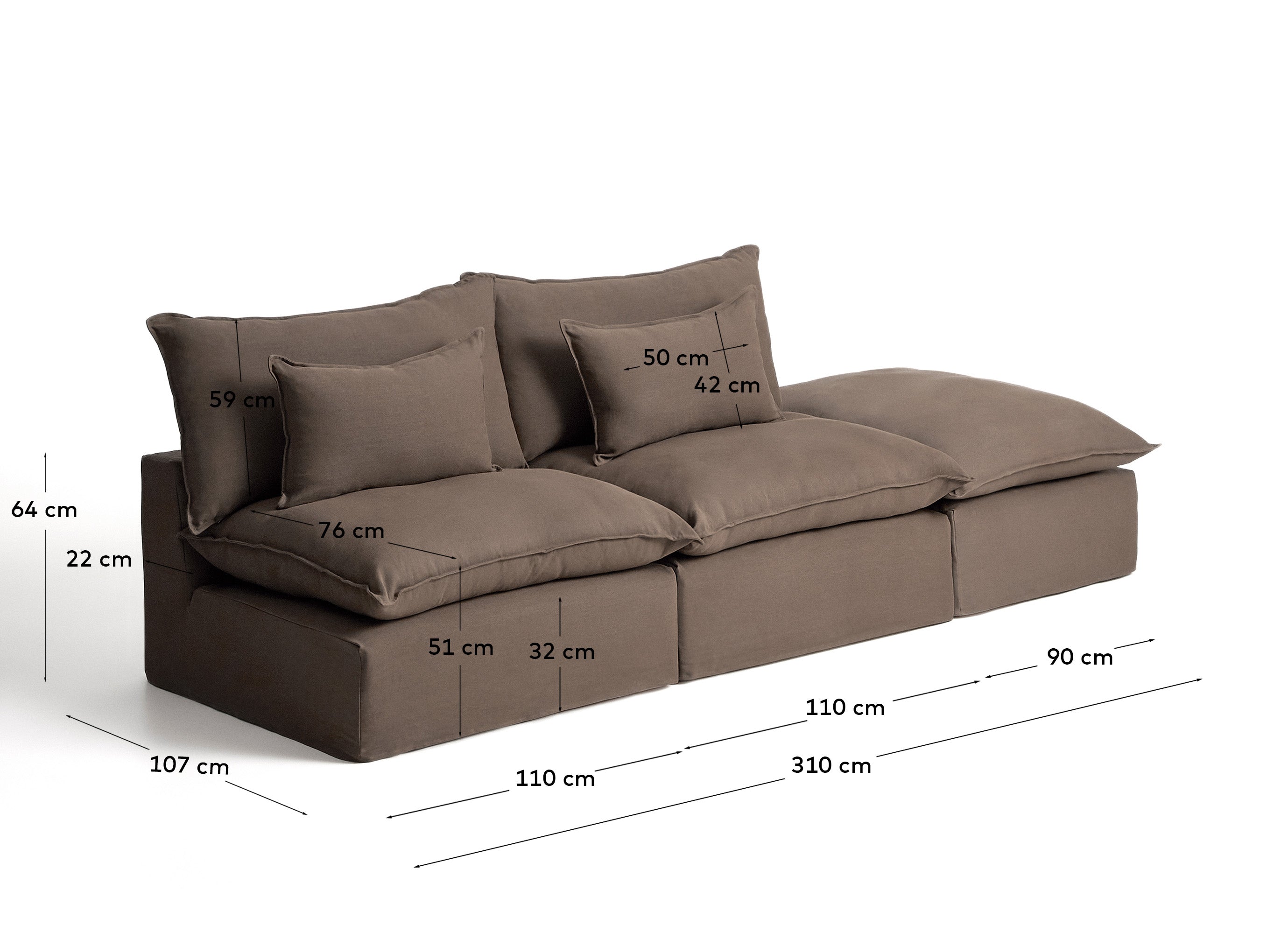 Elegantes 3-Sitzer-Modularsofa Anarela in Taupe, mit abnehmbarem Leinenbezug und flexiblem Randmodul für stilvolle Einrichtungsideen.