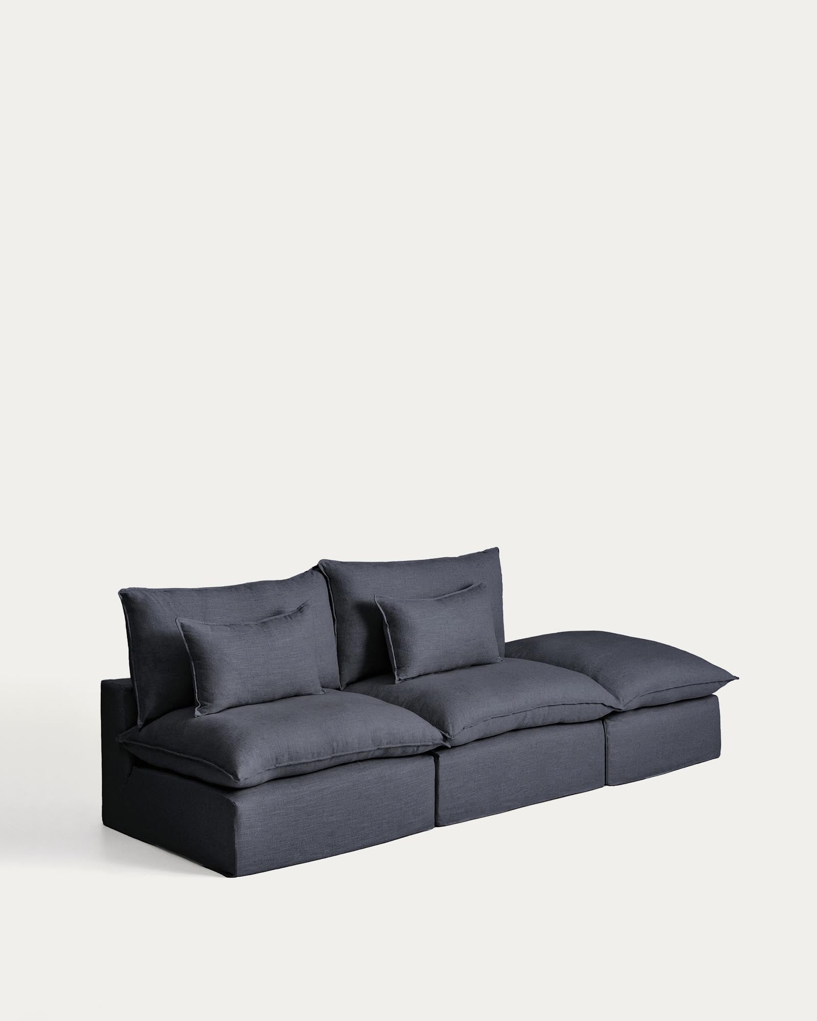 Elegantes 3-Sitzer-Modularsofa Anarela in Dunkelgrau, gefertigt aus Leinen und Viskose, mit abnehmbarem Bezug und vielseitigem Randmodul, 310 cm.