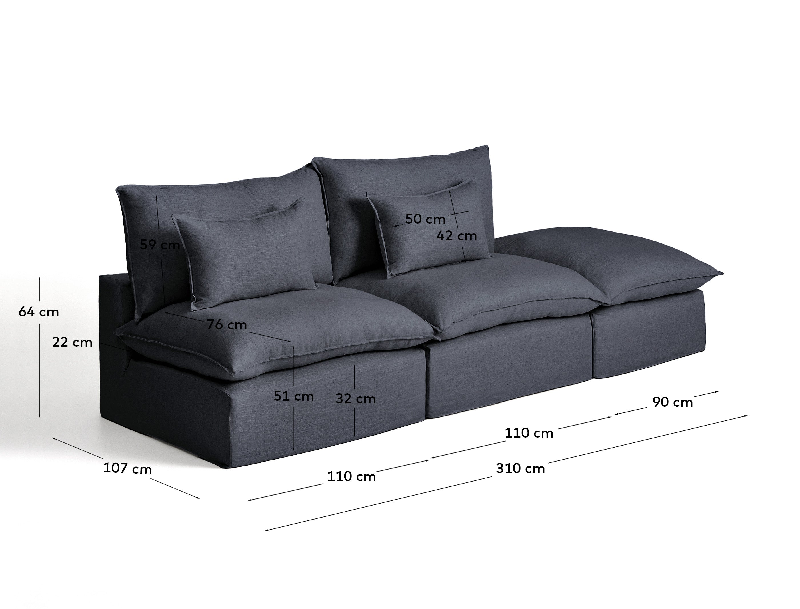 Stilvolles 3-Sitzer-Modularsofa Anarela in dunklem Grau, aus hochwertigem Leinen und Viskose, mit praktischem abnehmbaren Bezug und flexiblem Randmodul.