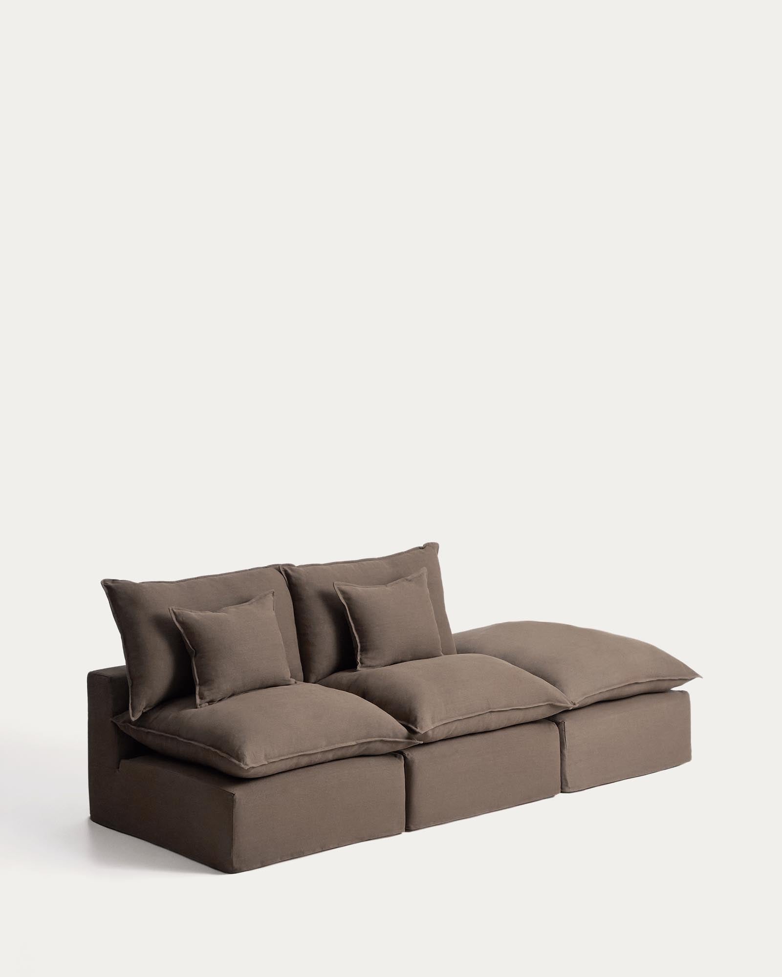 Elegantes 2-Sitzer-Modularsofa Anarela in Taupe, ausgestattet mit abnehmbarem Leinenbezug und vielseitigem Randmodul für kreative Wohnlösungen.