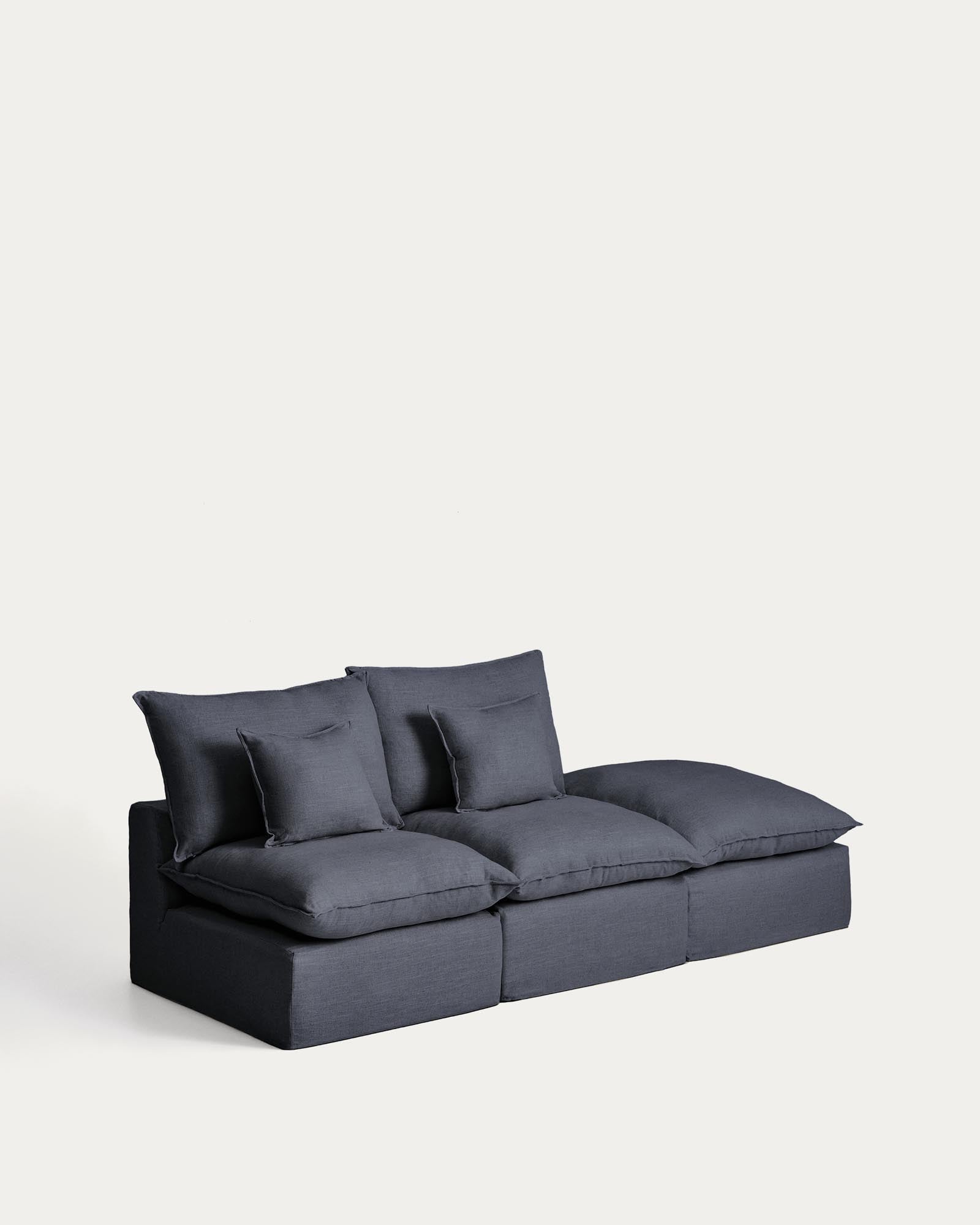 Elegantes 2-Sitzer-Modularsofa Anarela in Dunkelgrau, gefertigt aus Leinen und Viskose, mit abnehmbarem Bezug und praktischem Randmodul.
