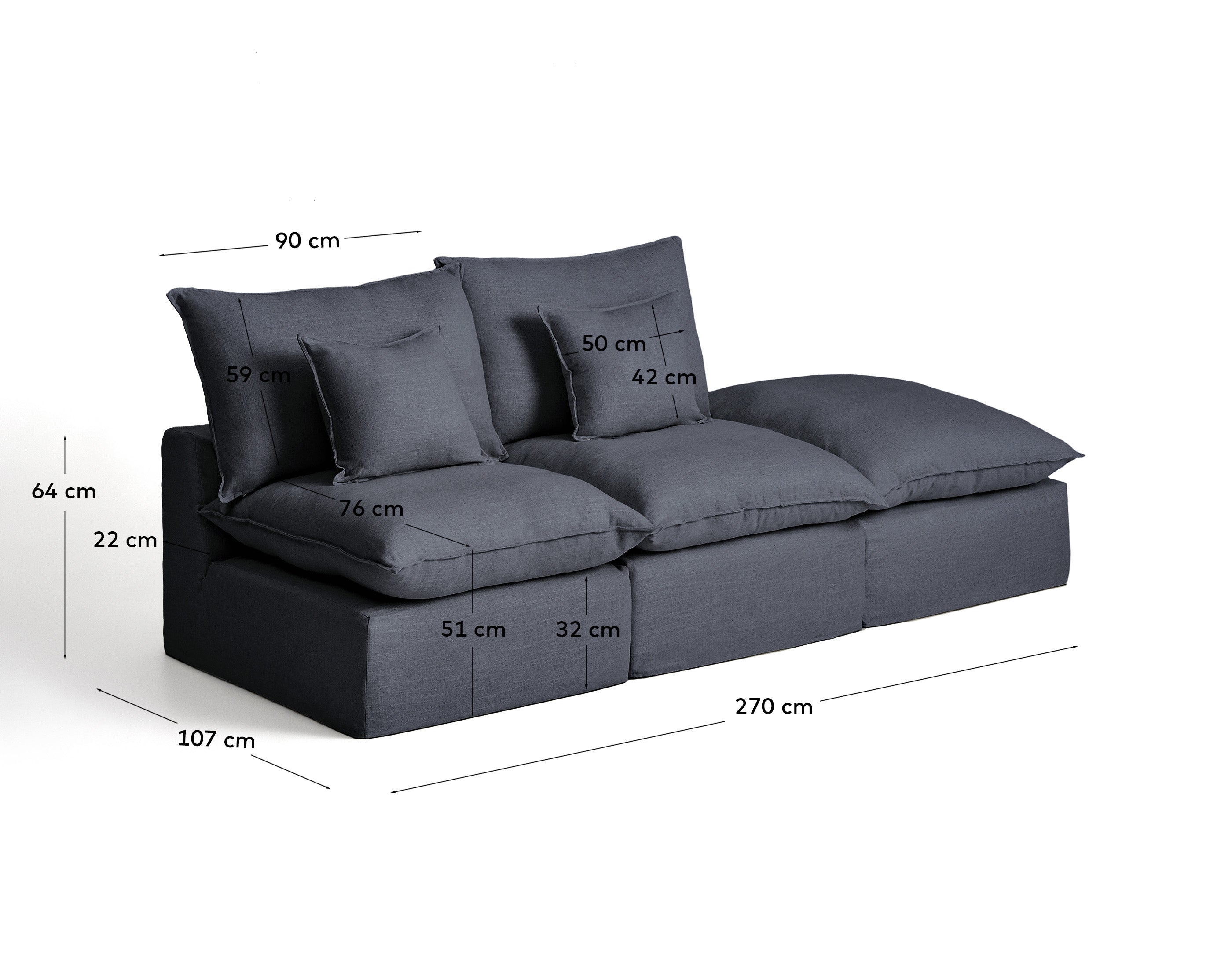 Stylisches 2-Sitzer-Modularsofa Anarela in dunklem Grau, aus hochwertigem Leinen und Viskose, mit abnehmbarem Bezug und vielseitigem Randmodul.