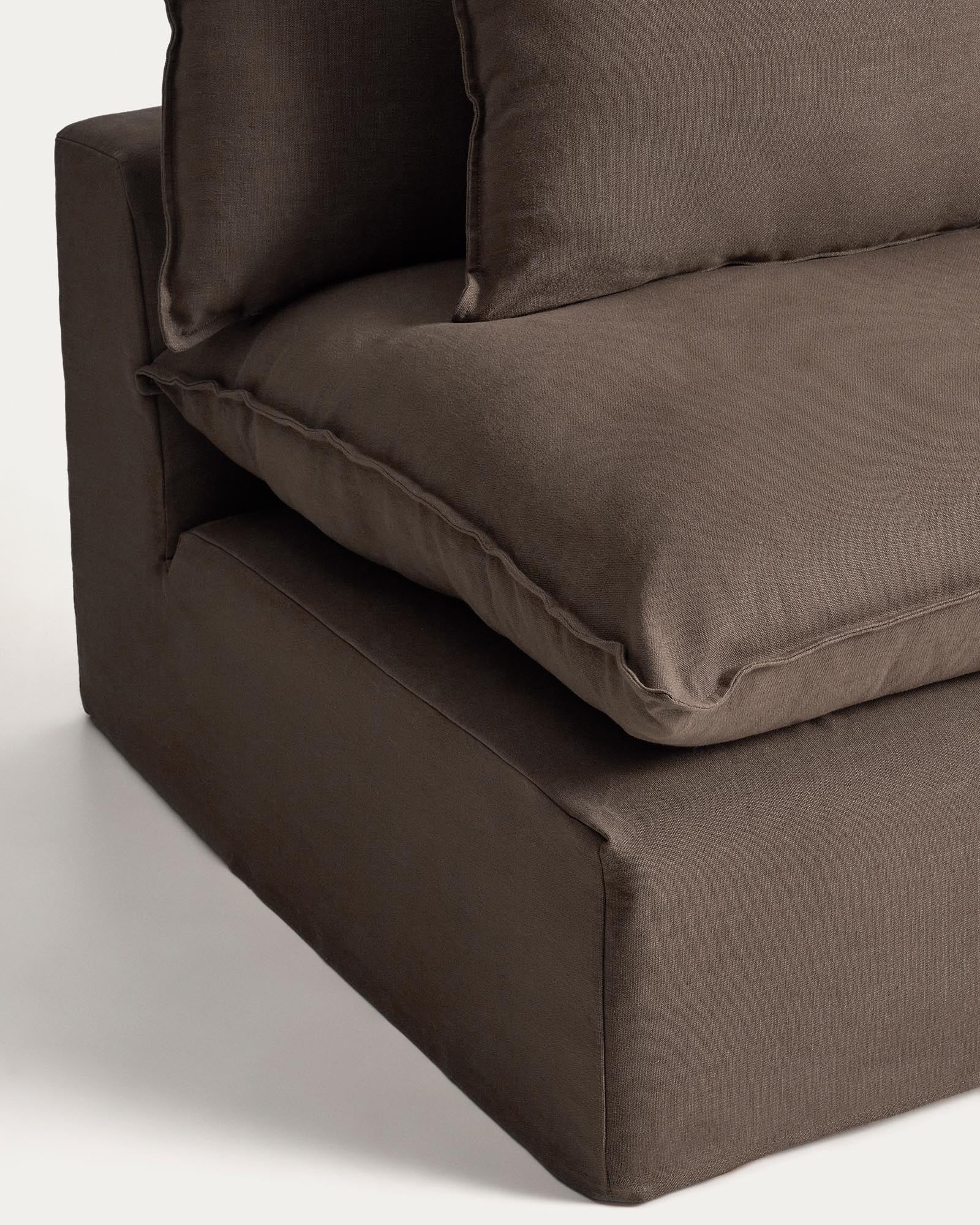 Elegantes modulares Ecksofa Anarela in Taupe, ideal für stilvolle Wohnräume. Abnehmbarer Leinenbezug, vielseitig einsetzbar und nachhaltig.