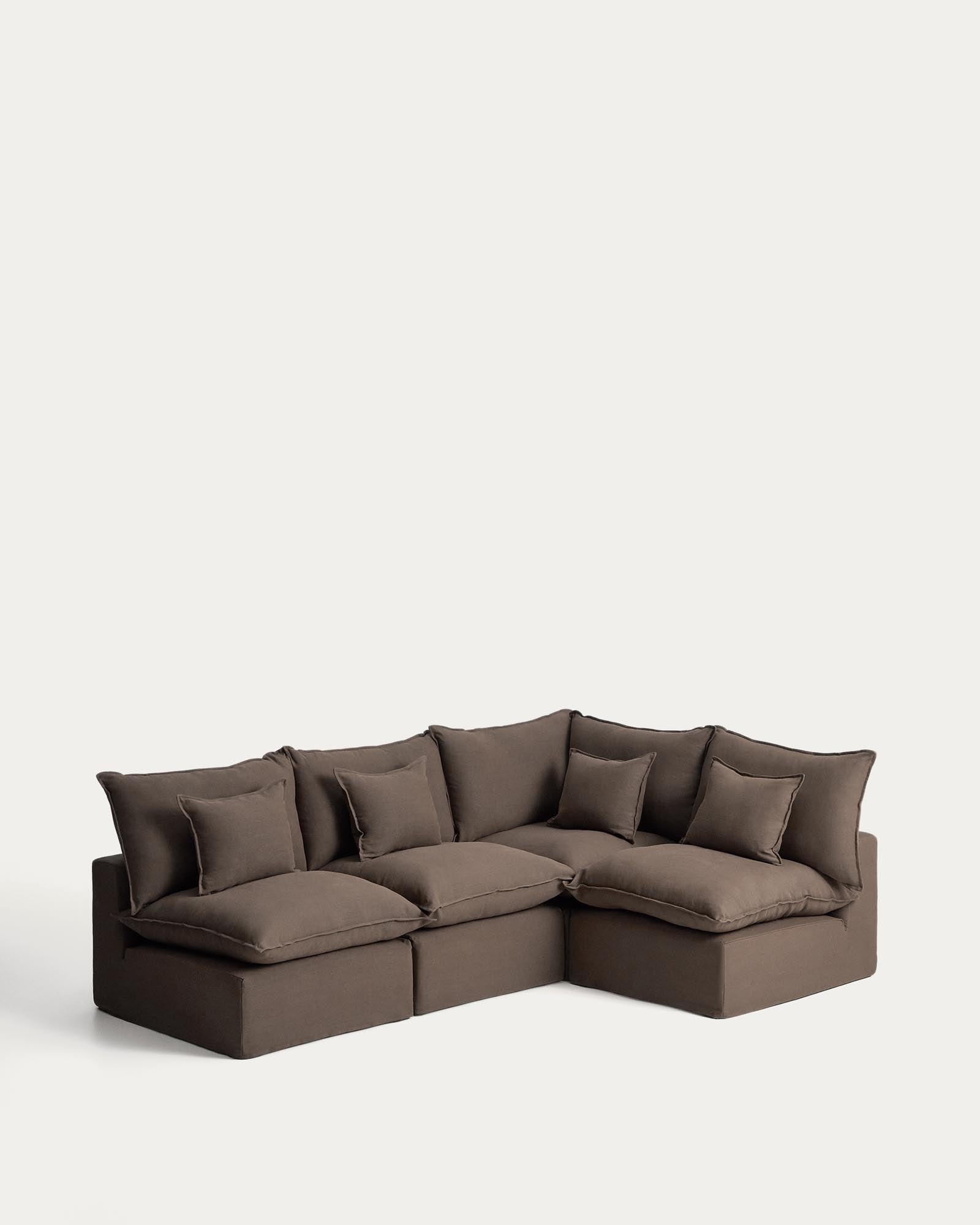 Modulares 4-Sitzer-Ecksofa Anarela in Taupe, mit abnehmbarem Leinenbezug, vielseitig und komfortabel für moderne Wohnkonzepte.