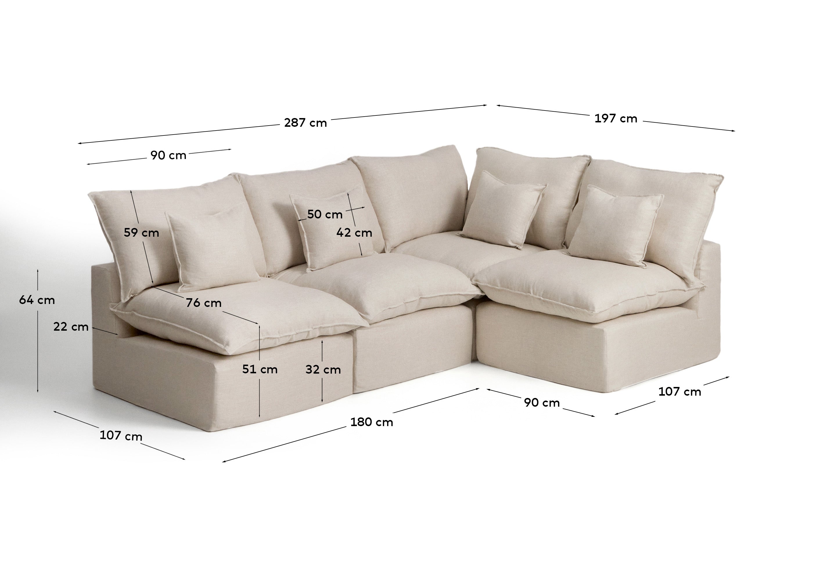 Beige Ecksofa Anarela, modulares 4-Sitzer-Design aus Leinen und Viskose, abnehmbarer Bezug, perfekt für moderne Wohnkonzepte.