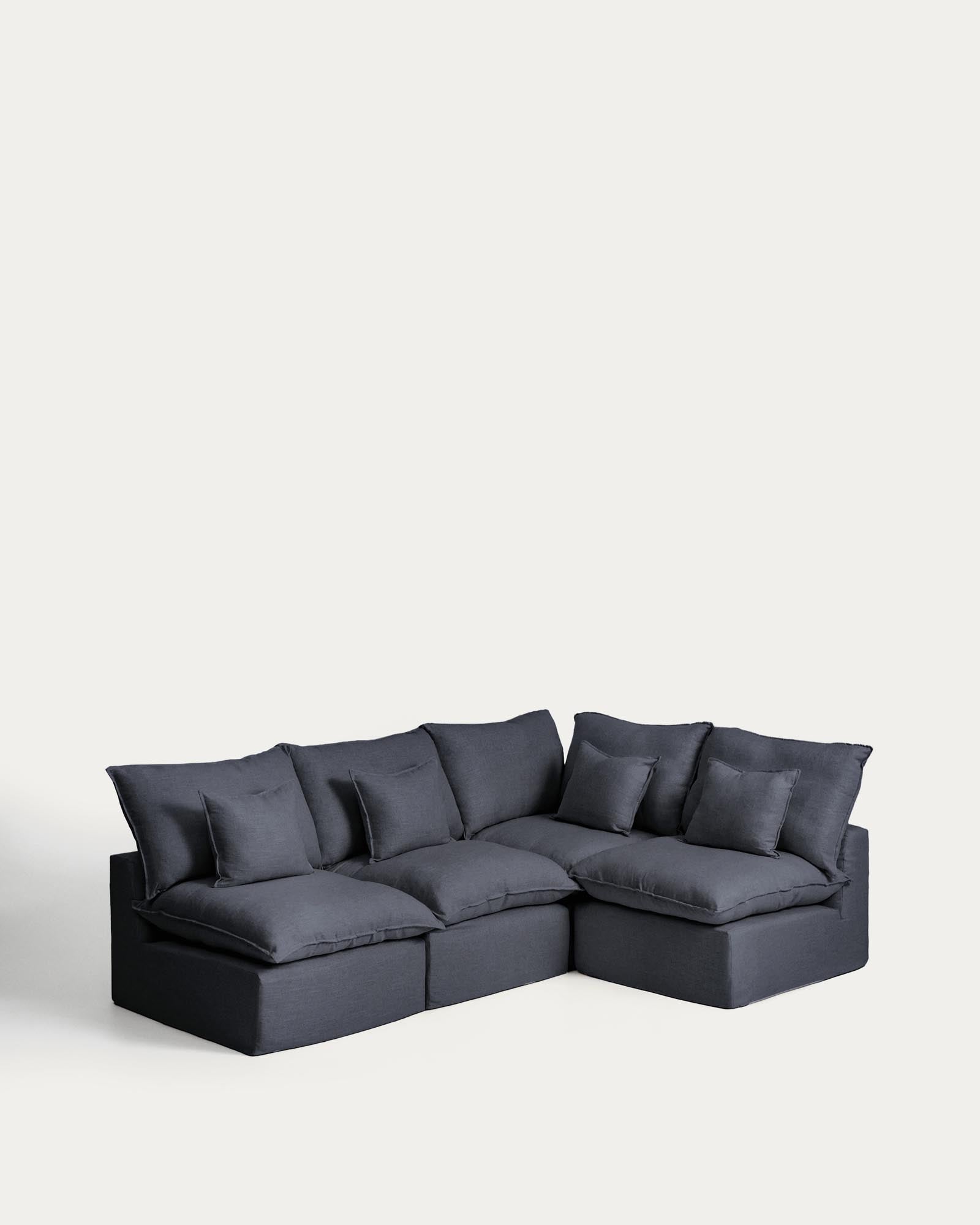 Modulares Ecksofa Anarela in Dunkelgrau, 287 x 197 cm, mit abnehmbarem Leinen- und Viskosebezug, ideal für stilvolle Wohnräume.