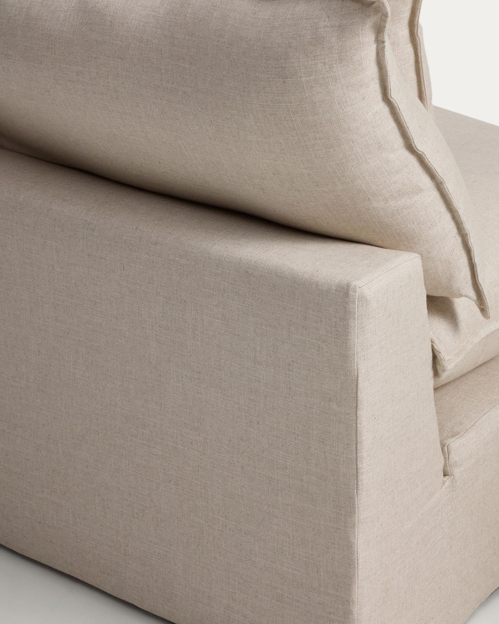 Beige 6-Sitzer-Ecksofa Anarela, modulares Design aus Leinen und Viskose, abnehmbarer Bezug, perfekt für moderne Wohnräume.