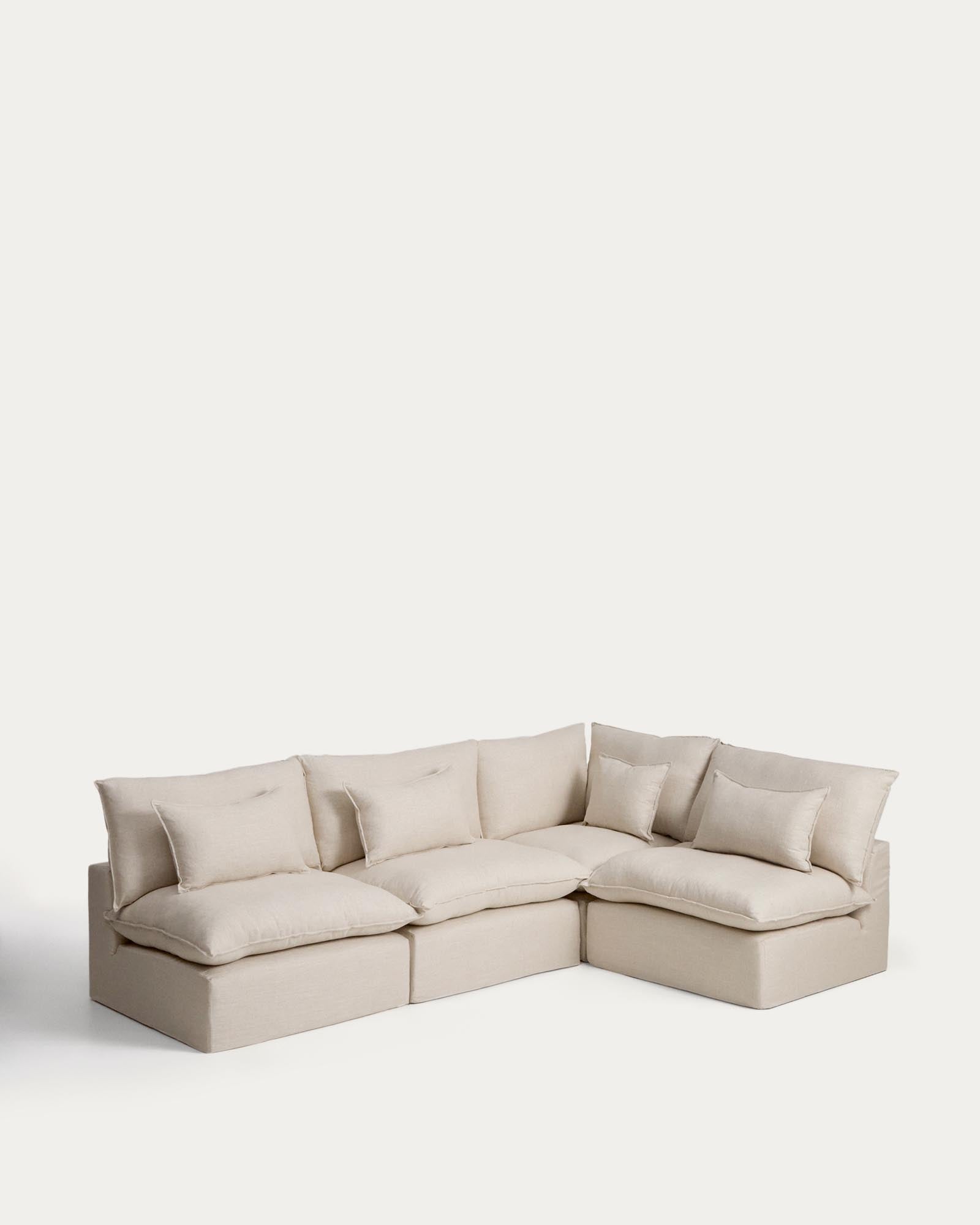 Beiges modulares Ecksofa Anarela für 6 Personen, aus Leinen und Viskose, mit abnehmbarem Bezug, ideal für stilvolle Wohnzimmer.