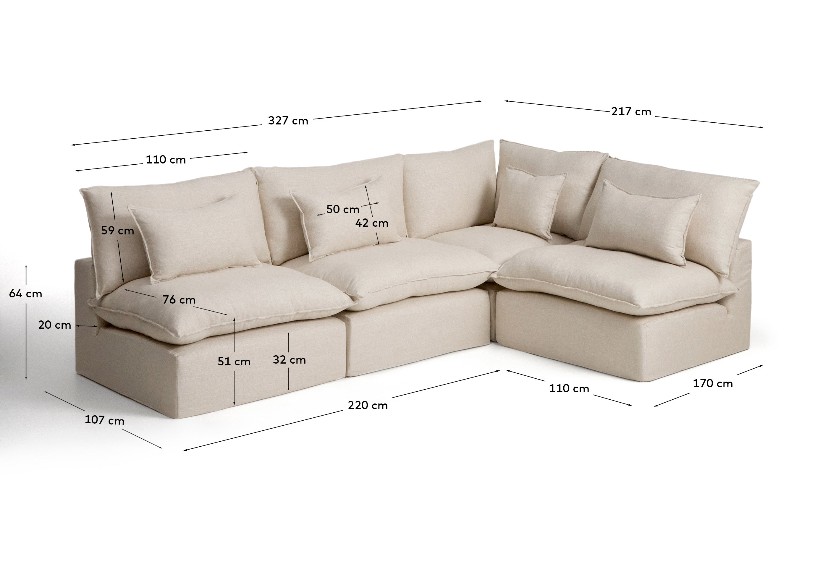 Beiges 6-Sitzer-Ecksofa Anarela, modulares Design aus Leinen und Viskose, abnehmbarer Bezug, perfekt für moderne Wohnräume.