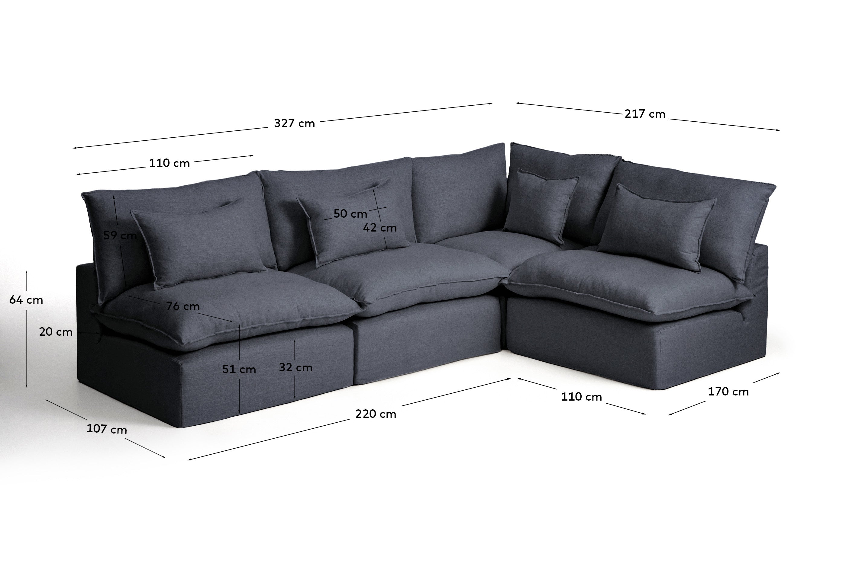 Modulares Ecksofa Anarela in Dunkelgrau, 6-Sitzer mit abnehmbarem Leinen-Viskose-Bezug, vielseitig und komfortabel für moderne Wohnräume.