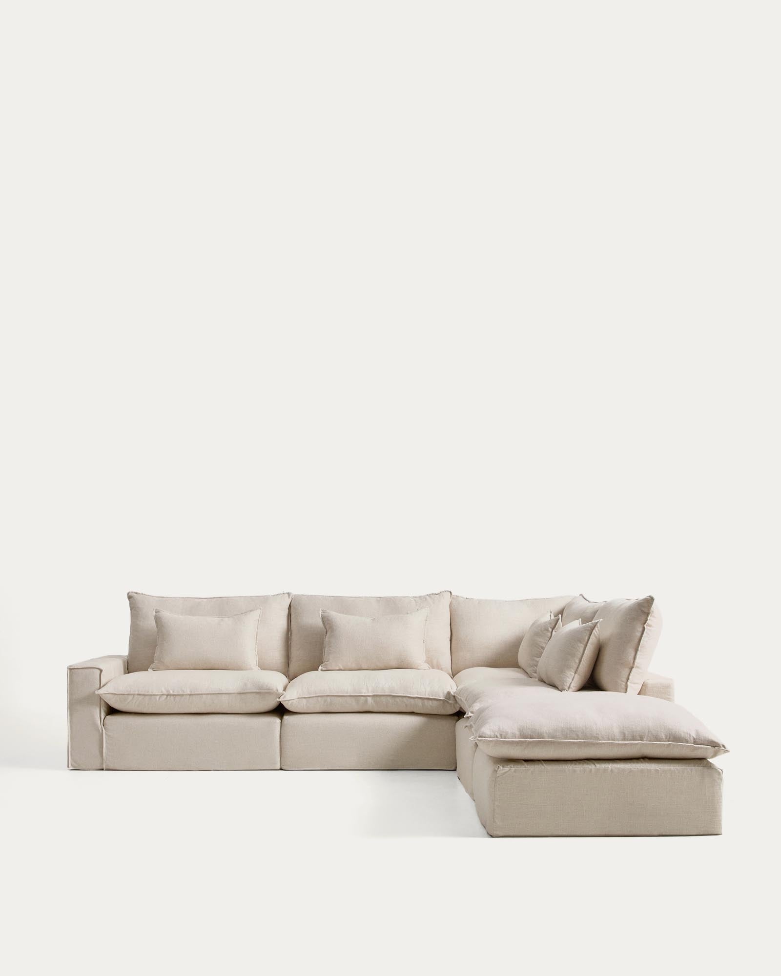 Modulares 6-Sitzer-Ecksofa Anarela mit abnehmbarem Bezug aus Leinen und Viskose in Beige, 347 x 307 cm, FSC Mix Credit in Beige präsentiert im Onlineshop von KAQTU Design AG. 5er Sofa ist von Kave Home