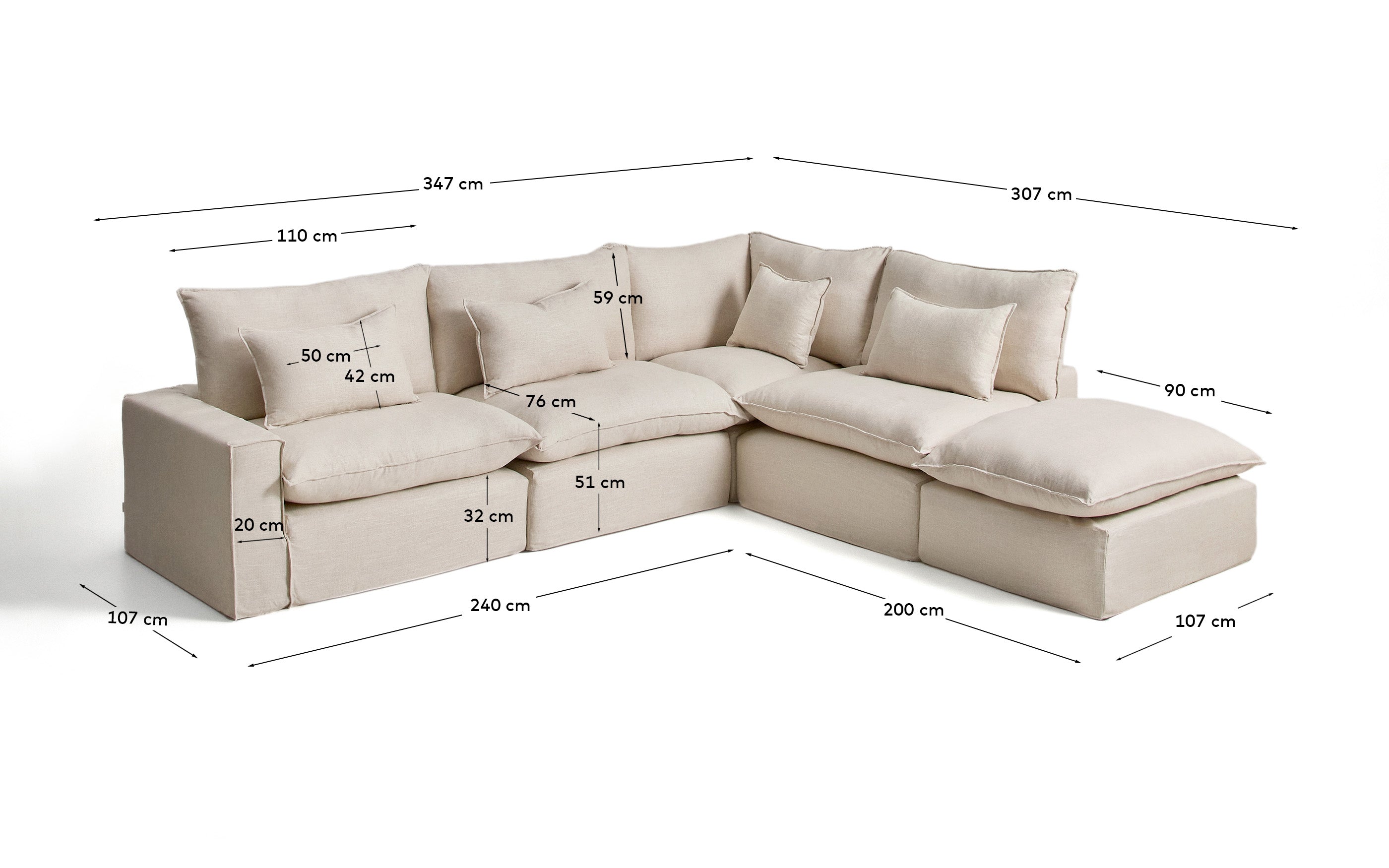 Beige 6-Sitzer-Ecksofa Anarela, modulares Design aus Leinen und Viskose, 347 x 307 cm, abnehmbarer Bezug für unkomplizierte Reinigung.