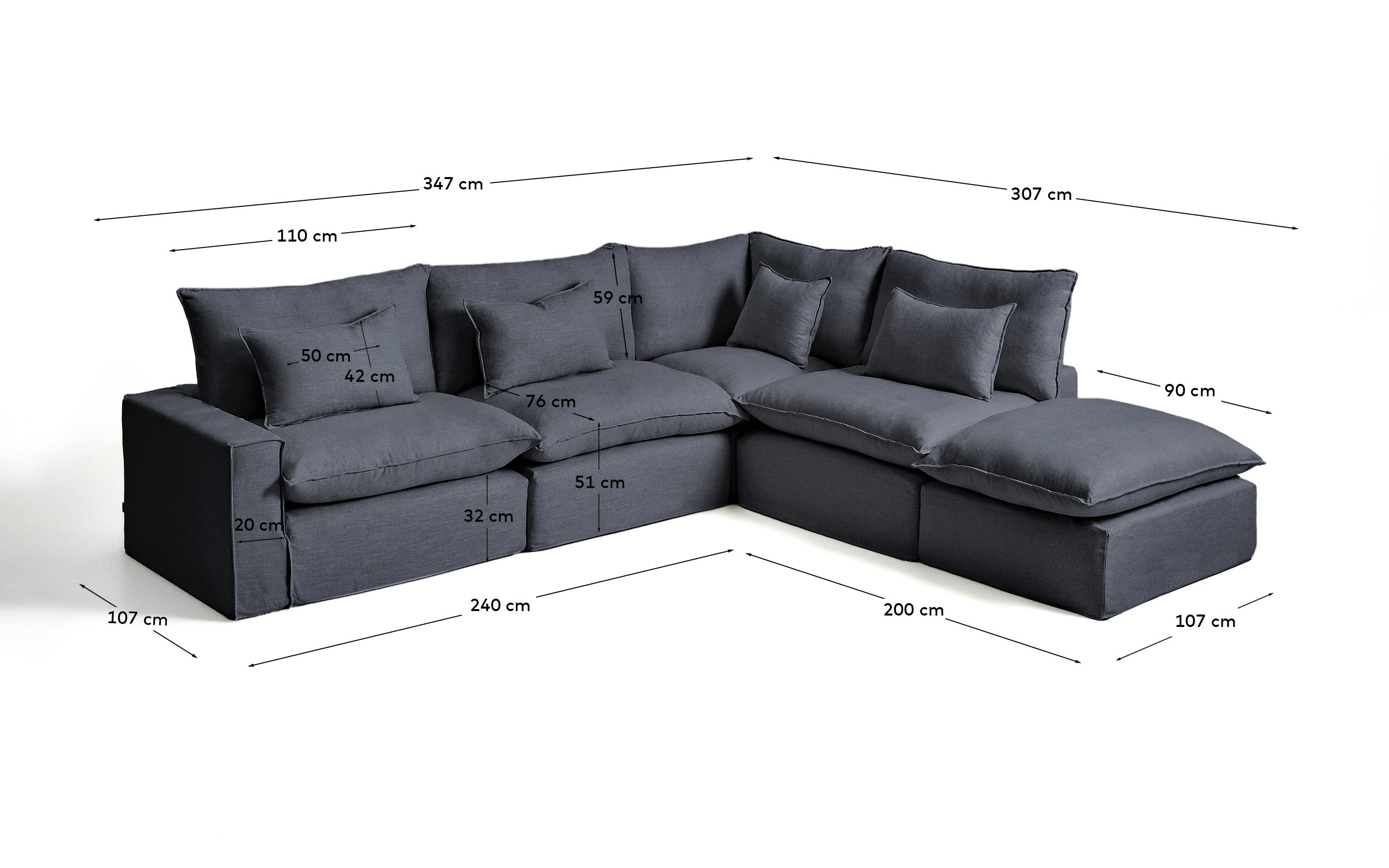 Elegantes 6-Sitzer-Ecksofa Anarela in Dunkelgrau, modulares Design mit abnehmbarem Bezug aus Leinen und Viskose, perfekt für moderne Wohnkonzepte.