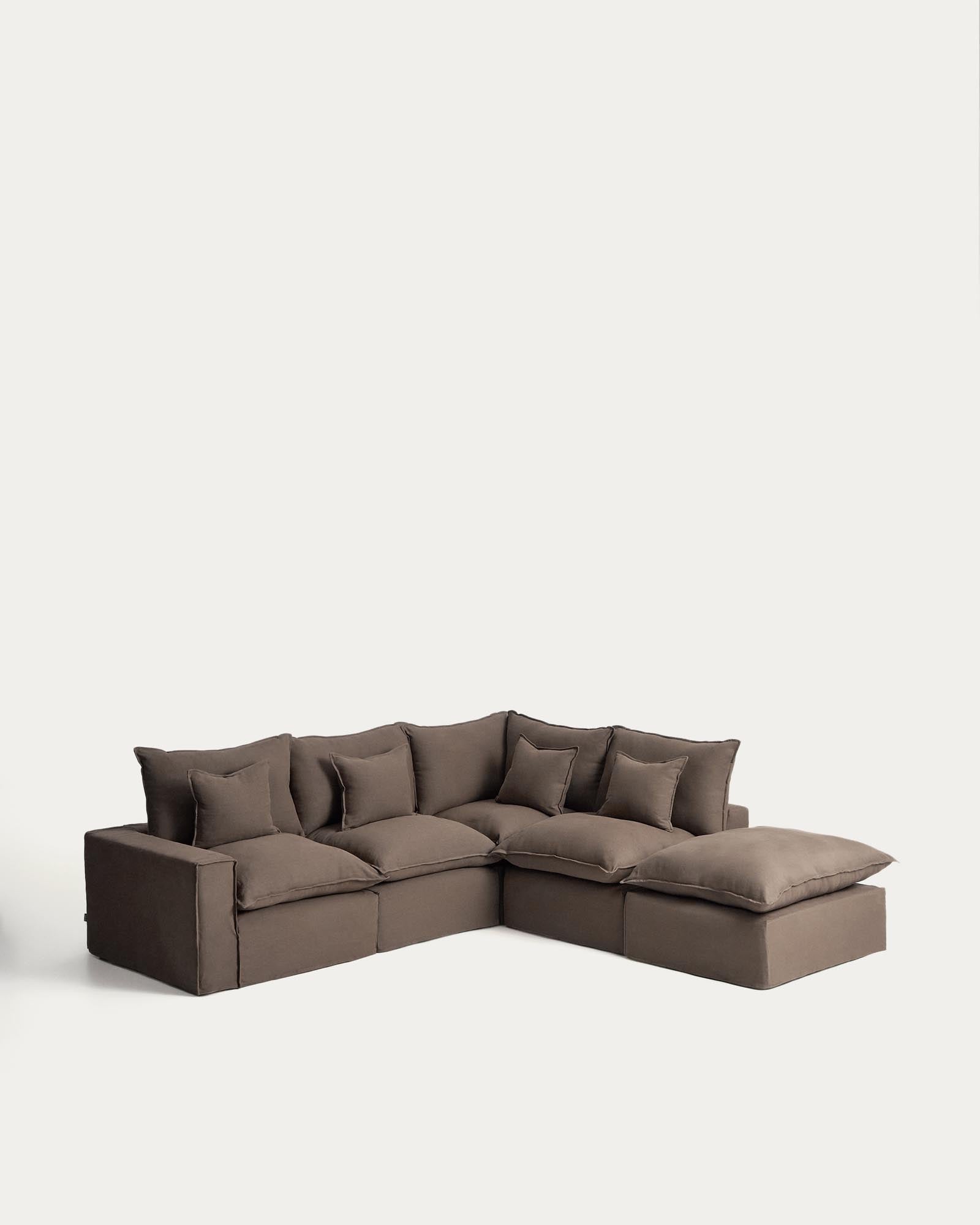 Modulares Ecksofa Anarela in Taupe, 307 x 287 cm, mit abnehmbarem Leinenbezug, ideal für moderne Wohnräume und gemütliche Zusammenkünfte.