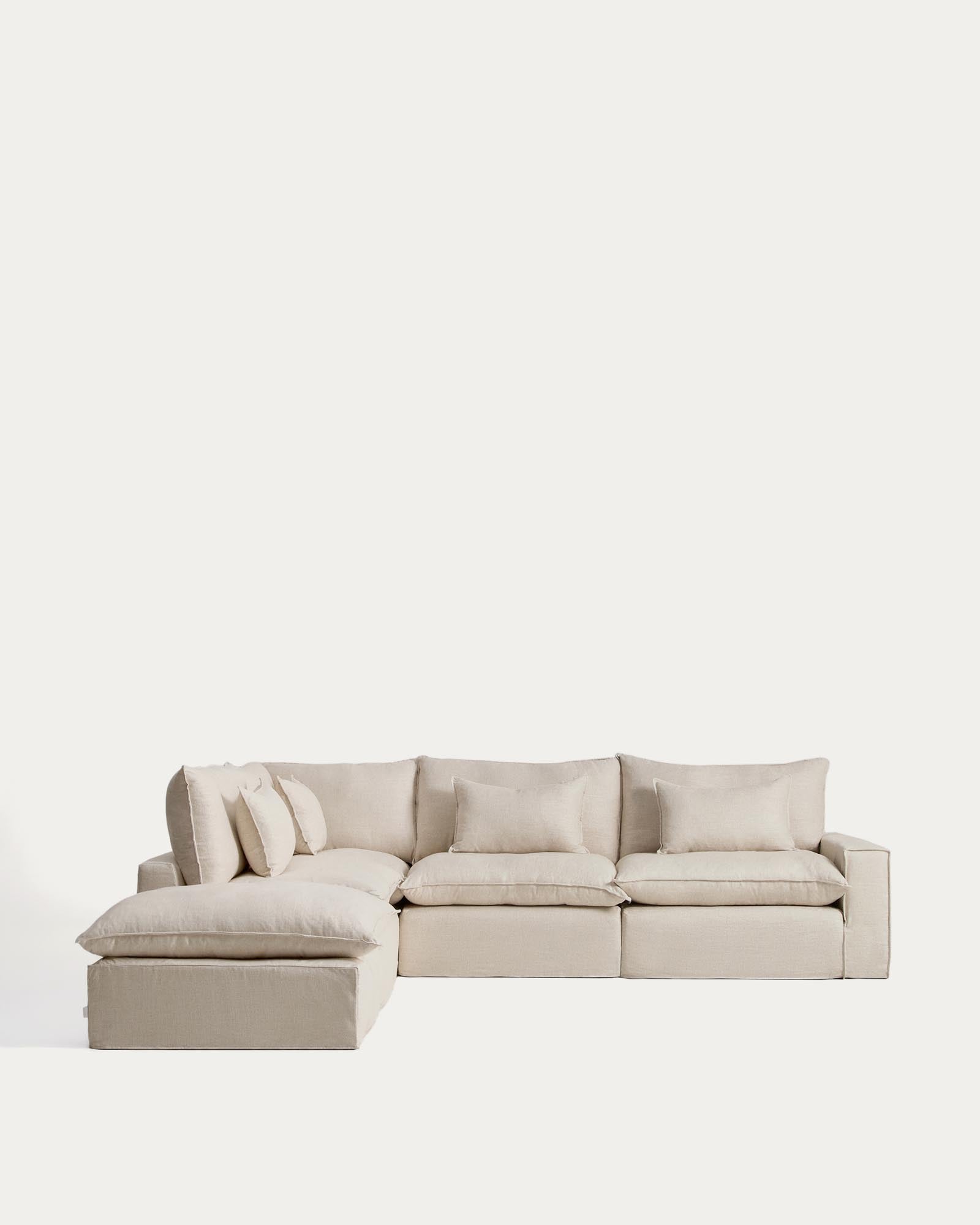 Modulares 6-Sitzer-Ecksofa Anarela mit abnehmbarem Bezug aus Leinen und Viskose in Beige, 307 x 347 cm, FSC Mix Credit in Beige präsentiert im Onlineshop von KAQTU Design AG. 5er Sofa ist von Kave Home