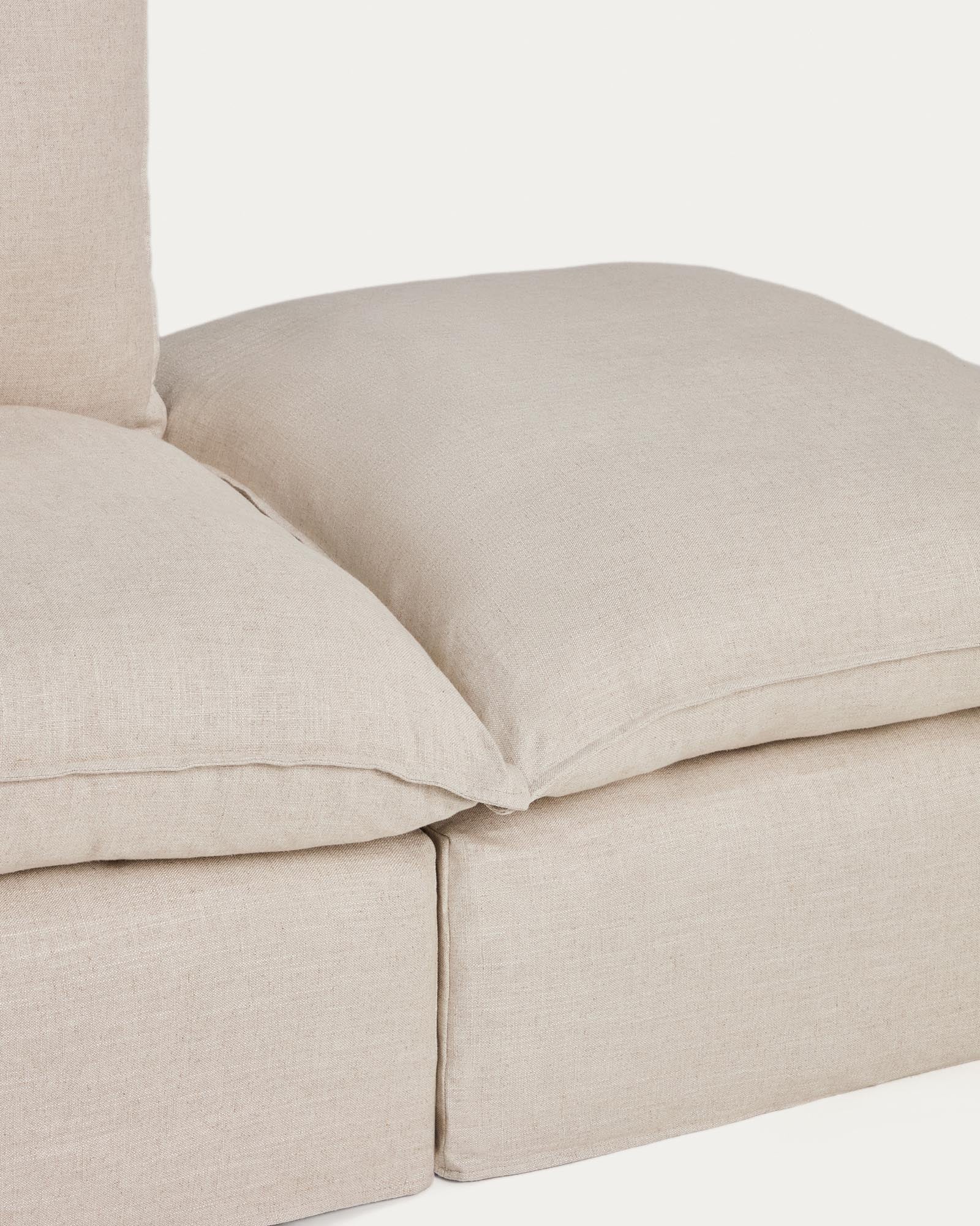 Beige 6-Sitzer-Ecksofa Anarela mit abnehmbarem Bezug aus Leinen und Viskose, ideal für stilvolle Wohnräume, Maße 307 x 347 cm.