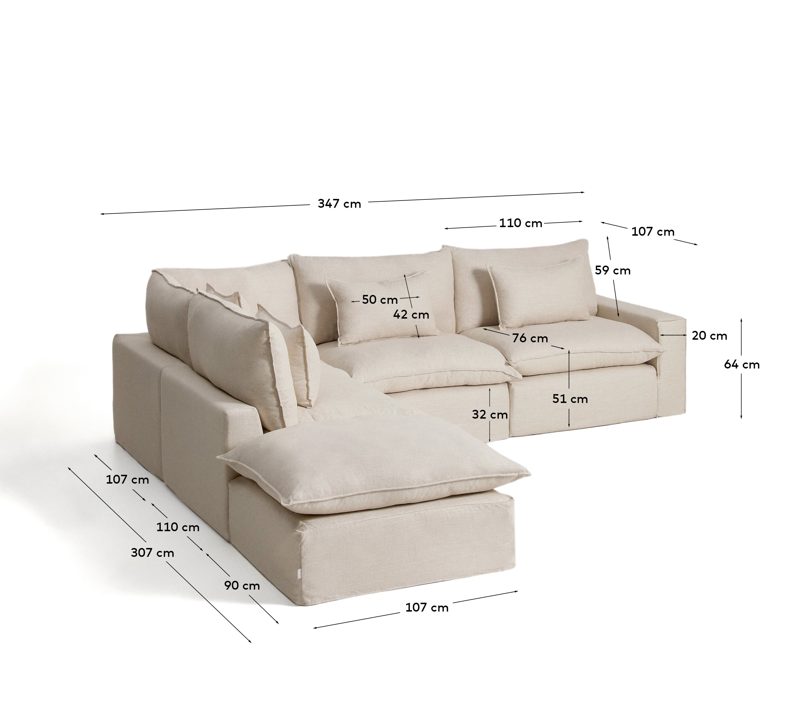 Beige 6-Sitzer Ecksofa Anarela, modulares Design mit abnehmbarem Bezug aus Leinen und Viskose, ideal für stilvolle Wohnräume, Maße 307 x 347 cm.