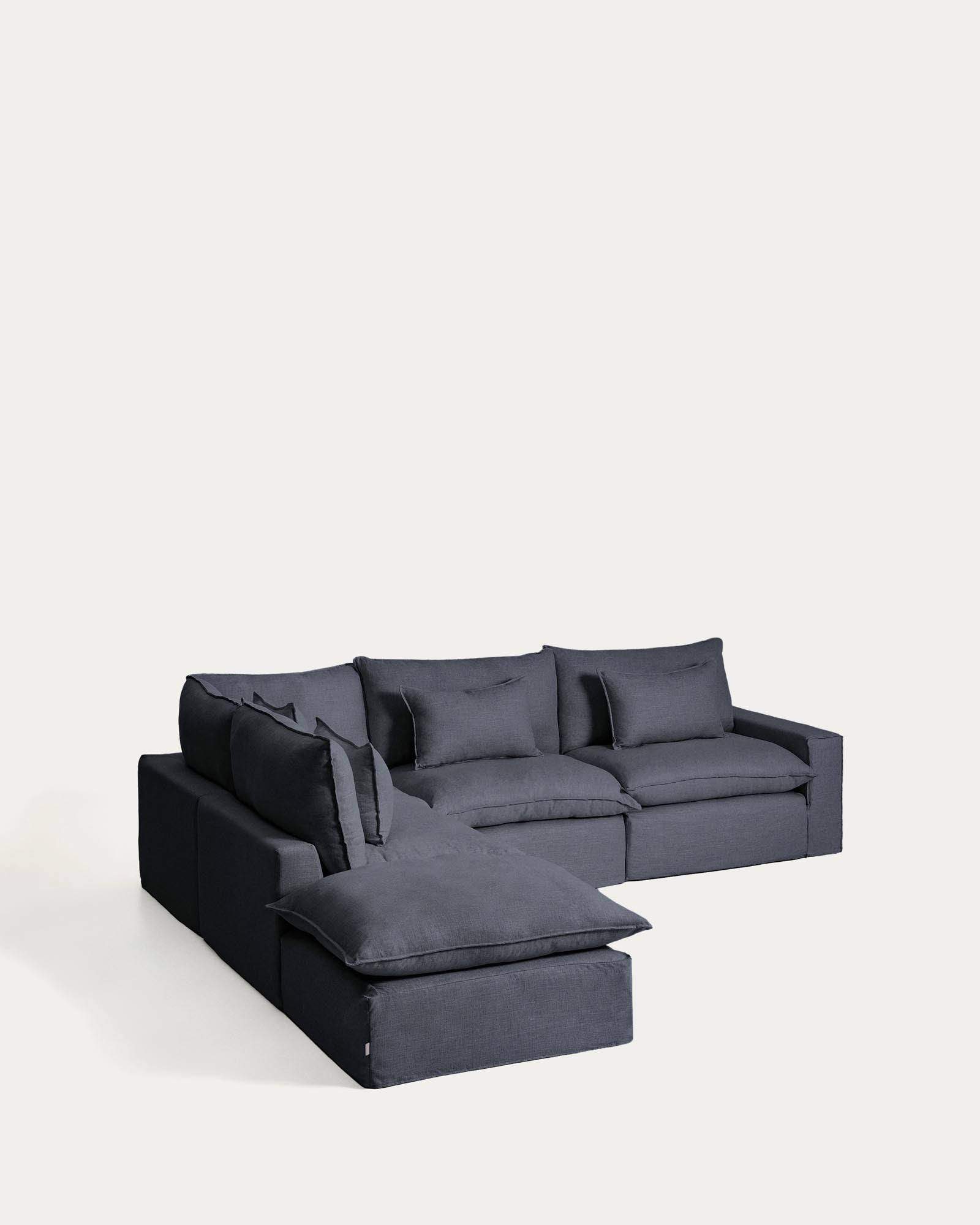 Modulares 6-Sitzer-Ecksofa Anarela in Dunkelgrau, mit abnehmbarem Leinen-Viskose-Bezug, ideal für moderne Wohnräume, Maße 307 x 347 cm.