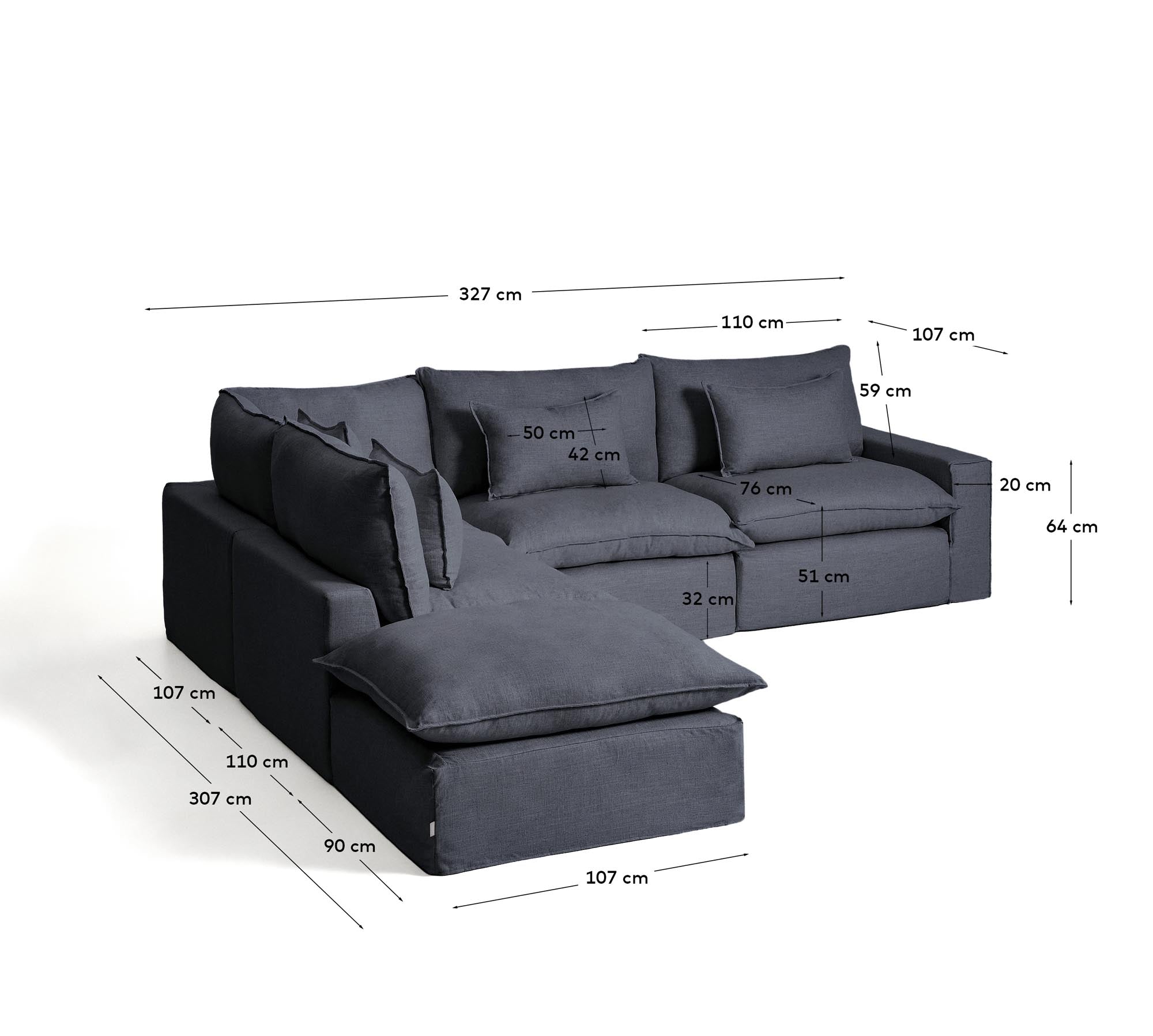 Elegantes 6-Sitzer-Ecksofa Anarela in Dunkelgrau, aus Leinen und Viskose, mit abnehmbarem Bezug, perfekt für stilvolle Wohnzimmer, Maße 307 x 347 cm.
