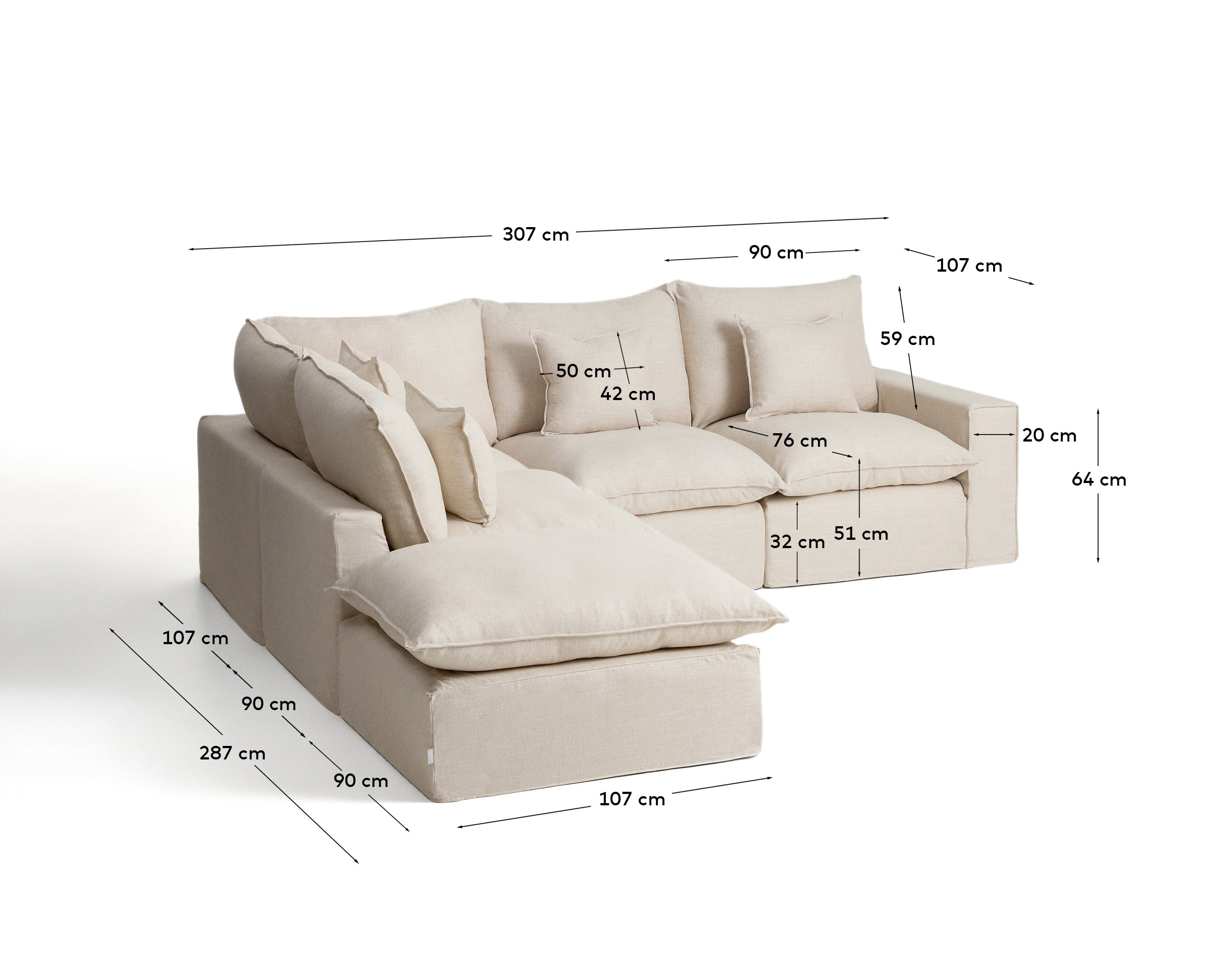 Beige 4-Sitzer-Ecksofa Anarela, modulares Design aus Leinen und Viskose, abnehmbarer Bezug, perfekt für stilvolle Wohnräume, 287 x 307 cm.